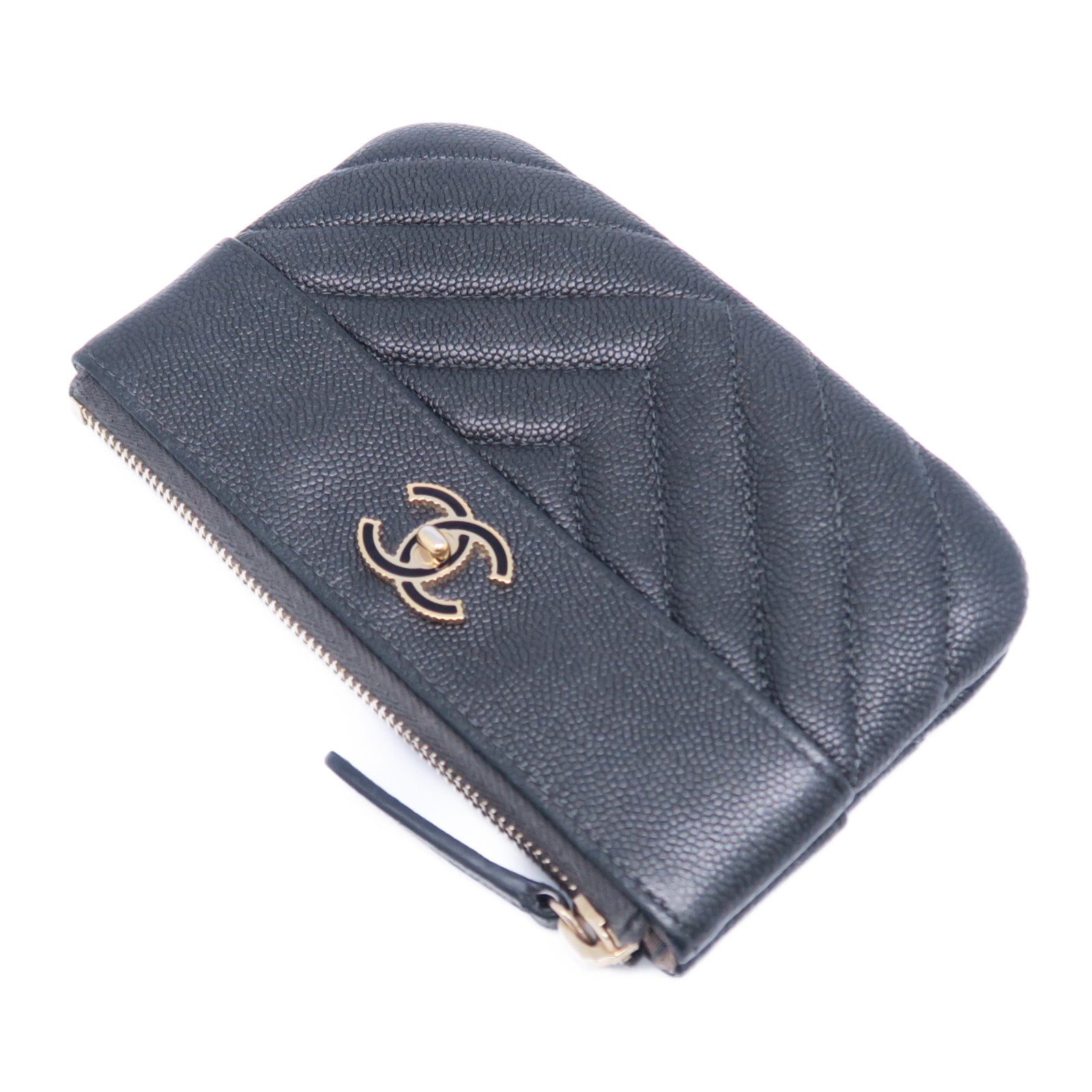 CHANEL 斜紋Caviar皮革Pouch金扣手拿包灰色