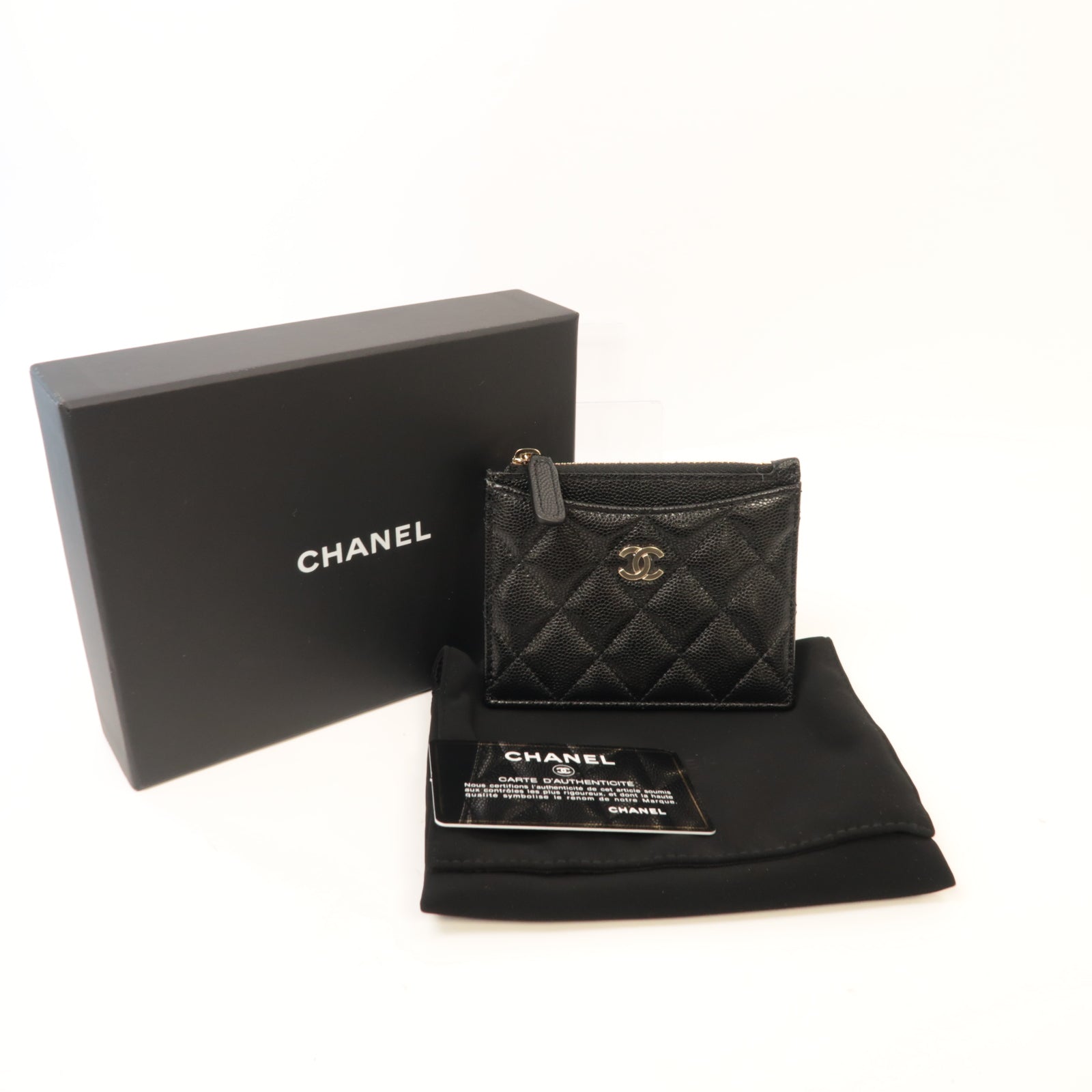 CHANEL 菱格Caviar皮革Card Case金扣卡片套黑色