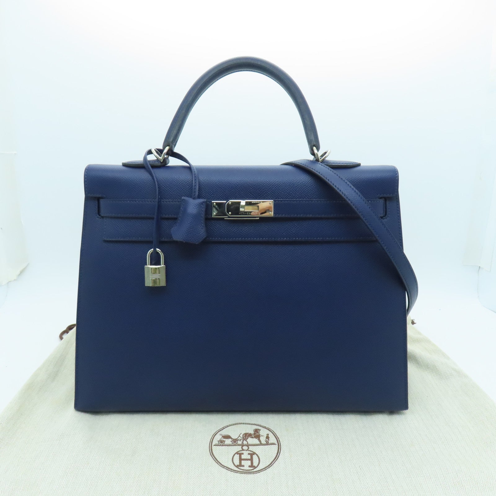 HERMES Veau Epsom皮革Kelly 35银扣手挽肩背两用袋蓝宝石