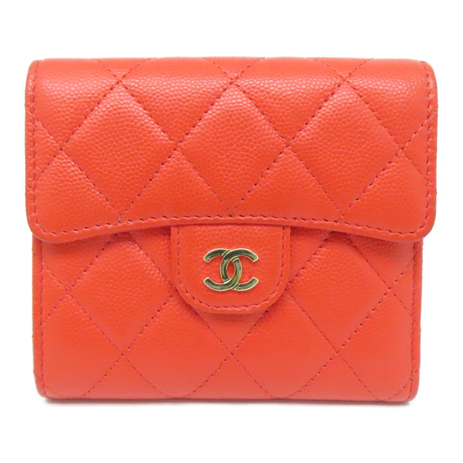 CHANEL 菱格牛皮皮革Wallet金扣钱包红色