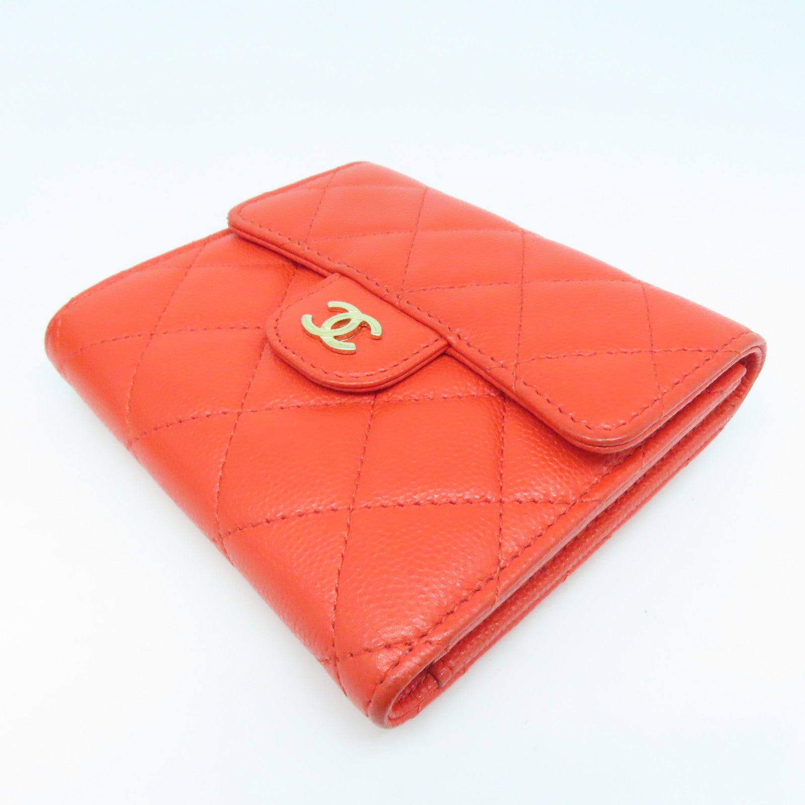 CHANEL 菱格牛皮皮革Wallet金扣钱包红色