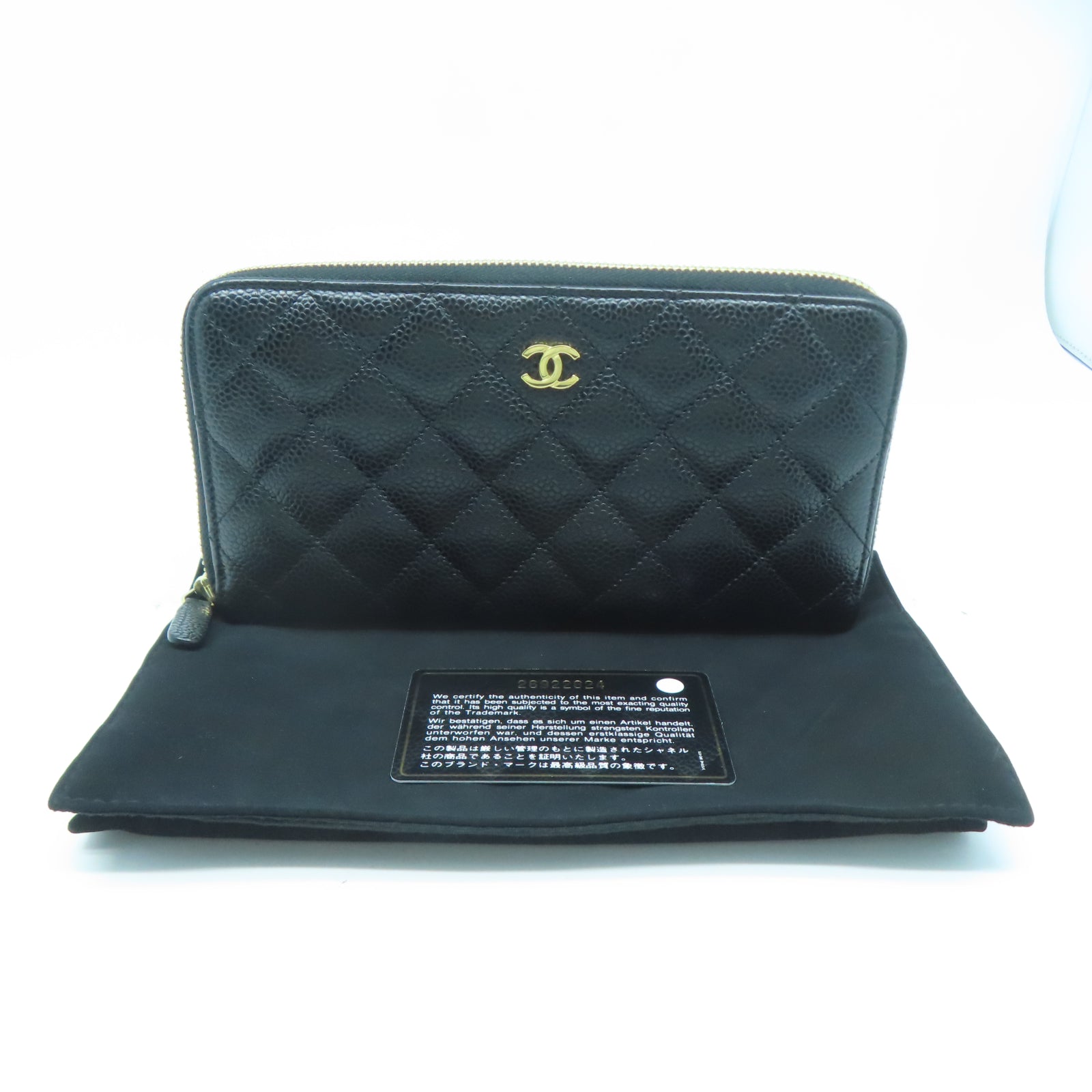CHANEL 菱格牛皮皮革Zipper Long Wallet金扣長錢包黑色