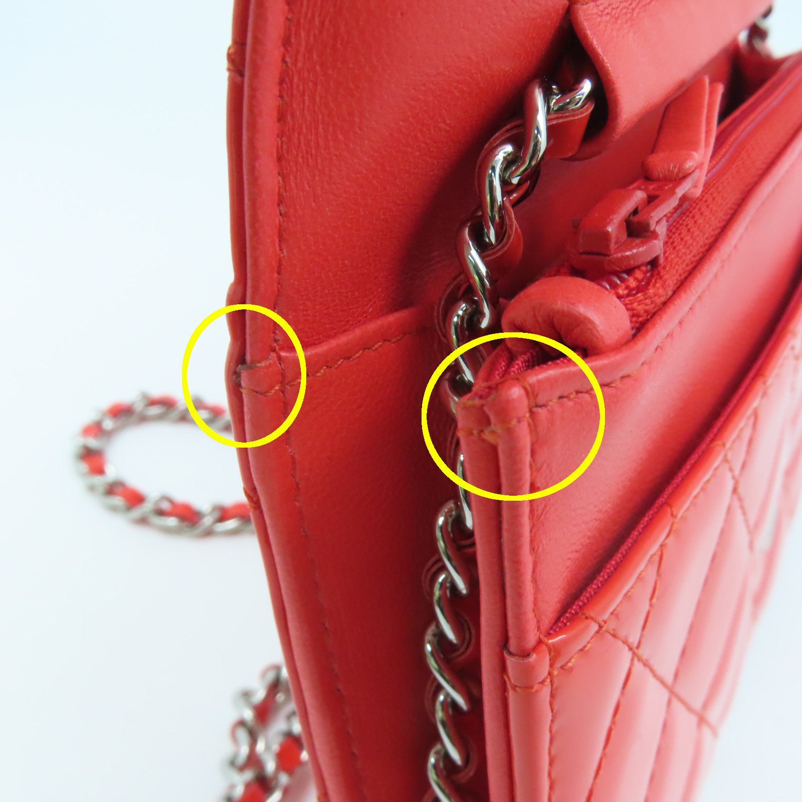 CHANEL Rhombus Patent Leather Wallet On Chain Silver Buckle Chain Shoulder Bag Red