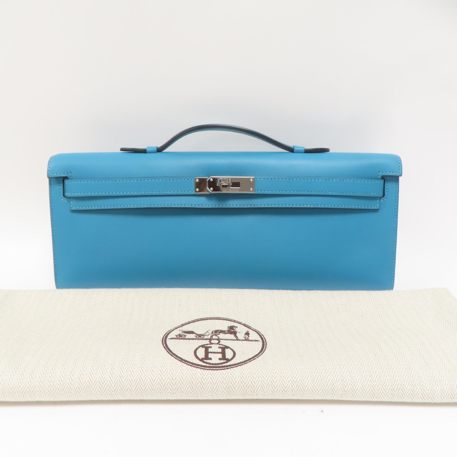 HERMES Swift皮革Kelly Cut金扣手挽袋Blue Paon藍色