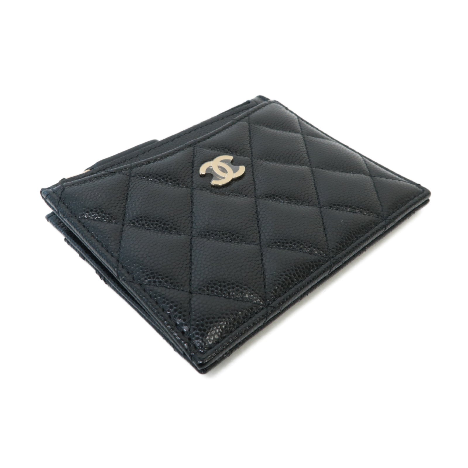 CHANEL 菱格Caviar皮革Card Case金扣卡片套黑色