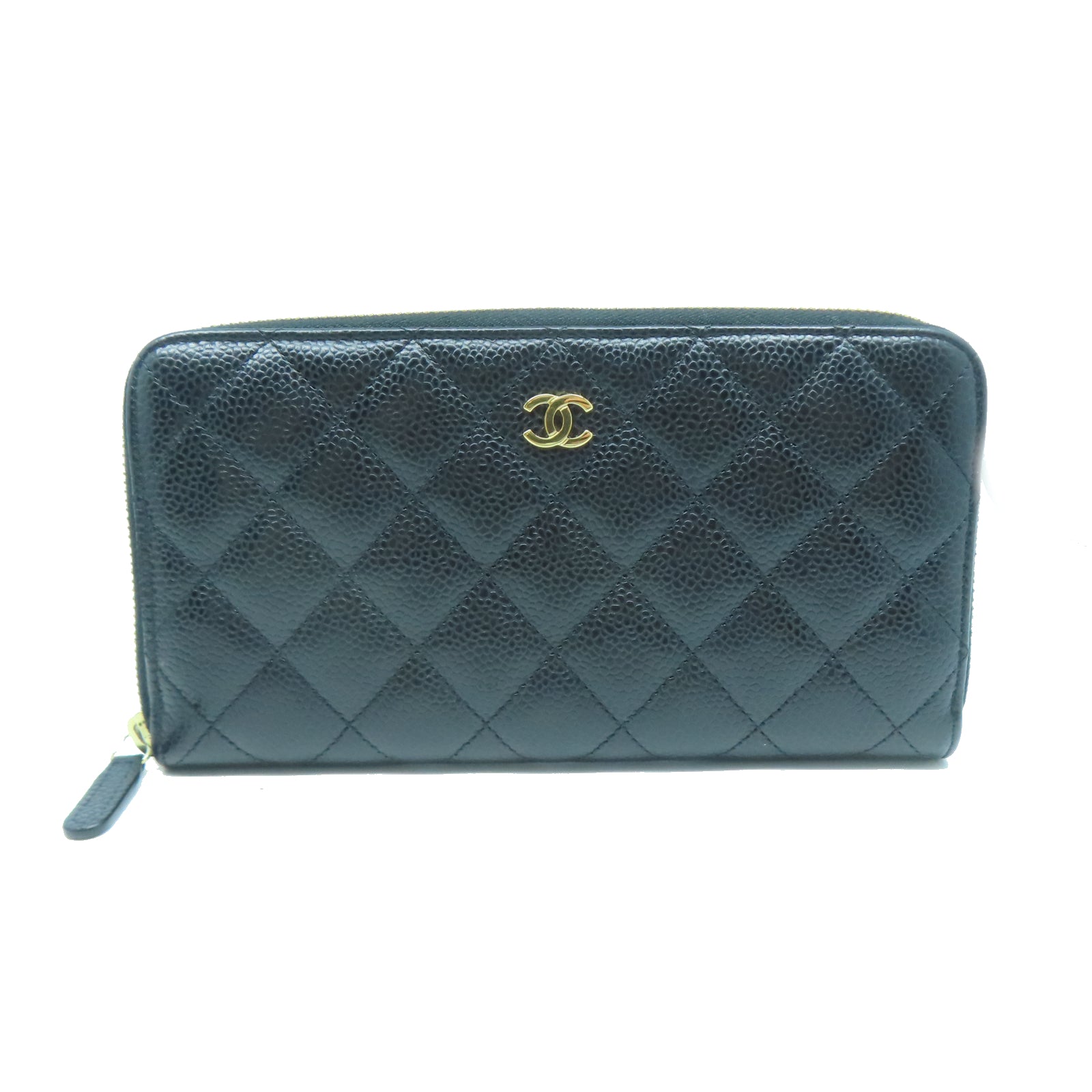 CHANEL 菱格牛皮皮革Zipper Long Wallet金扣長錢包黑色