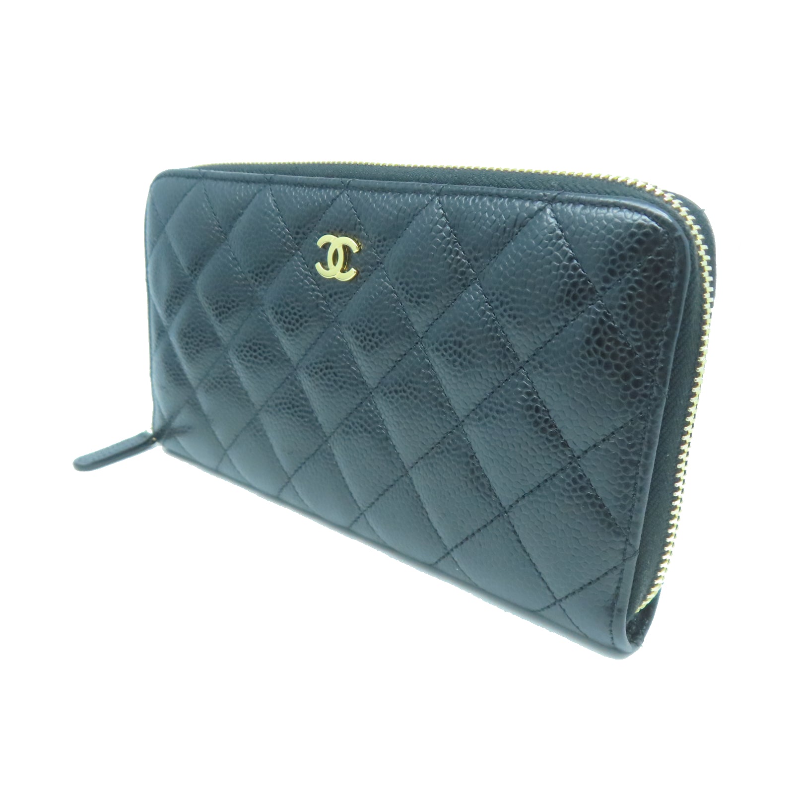 CHANEL 菱格牛皮皮革Zipper Long Wallet金扣長錢包黑色