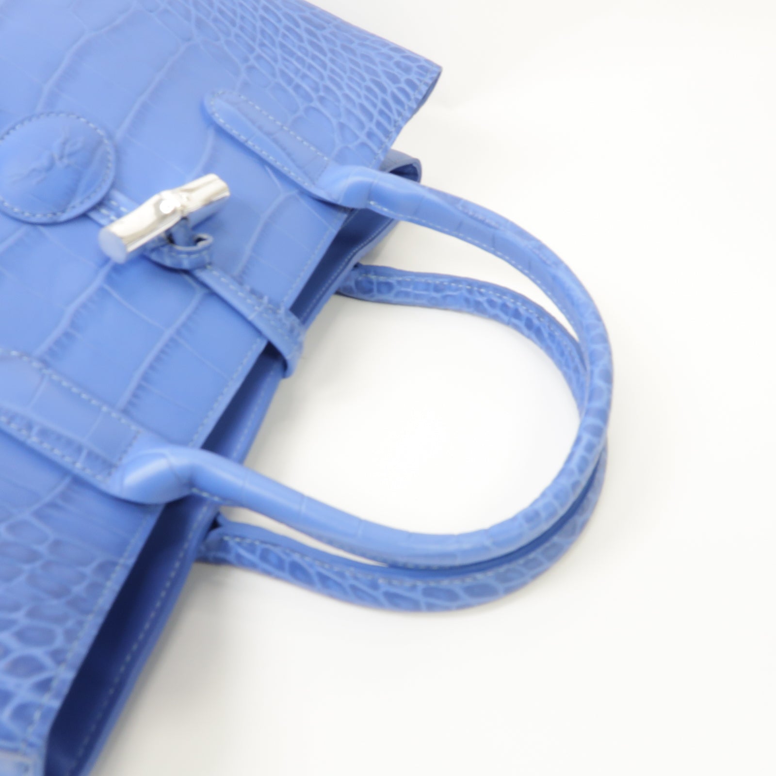 Longchamp 牛皮皮革Tote Bag銀扣手挽袋藍色