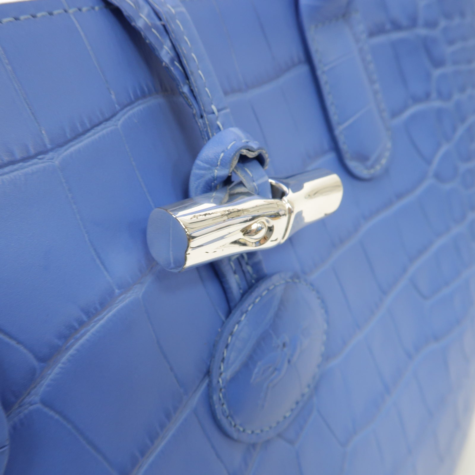 Longchamp 牛皮皮革Tote Bag銀扣手挽袋藍色