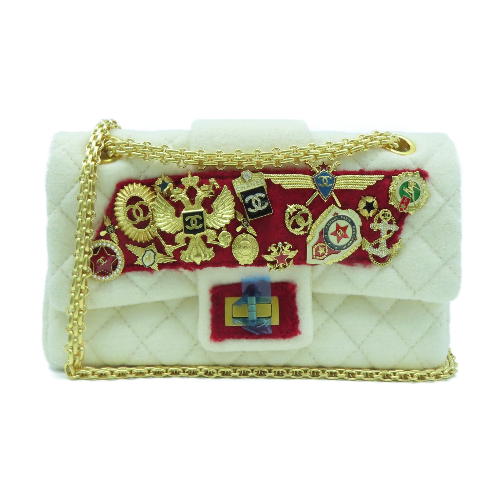 CHANEL Rhombus Blanket Chain Shoulder Bag Gold Buckle Chain Belt Shoulder Bag Beige/Red