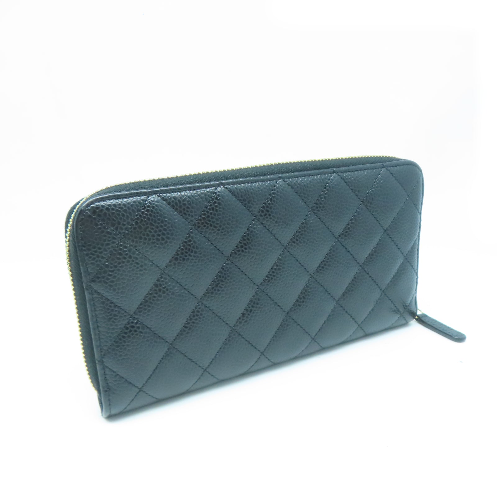 CHANEL 菱格牛皮皮革Zipper Long Wallet金扣長錢包黑色