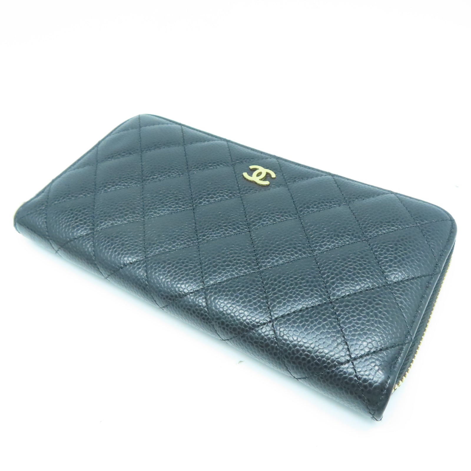 CHANEL 菱格牛皮皮革Zipper Long Wallet金扣長錢包黑色