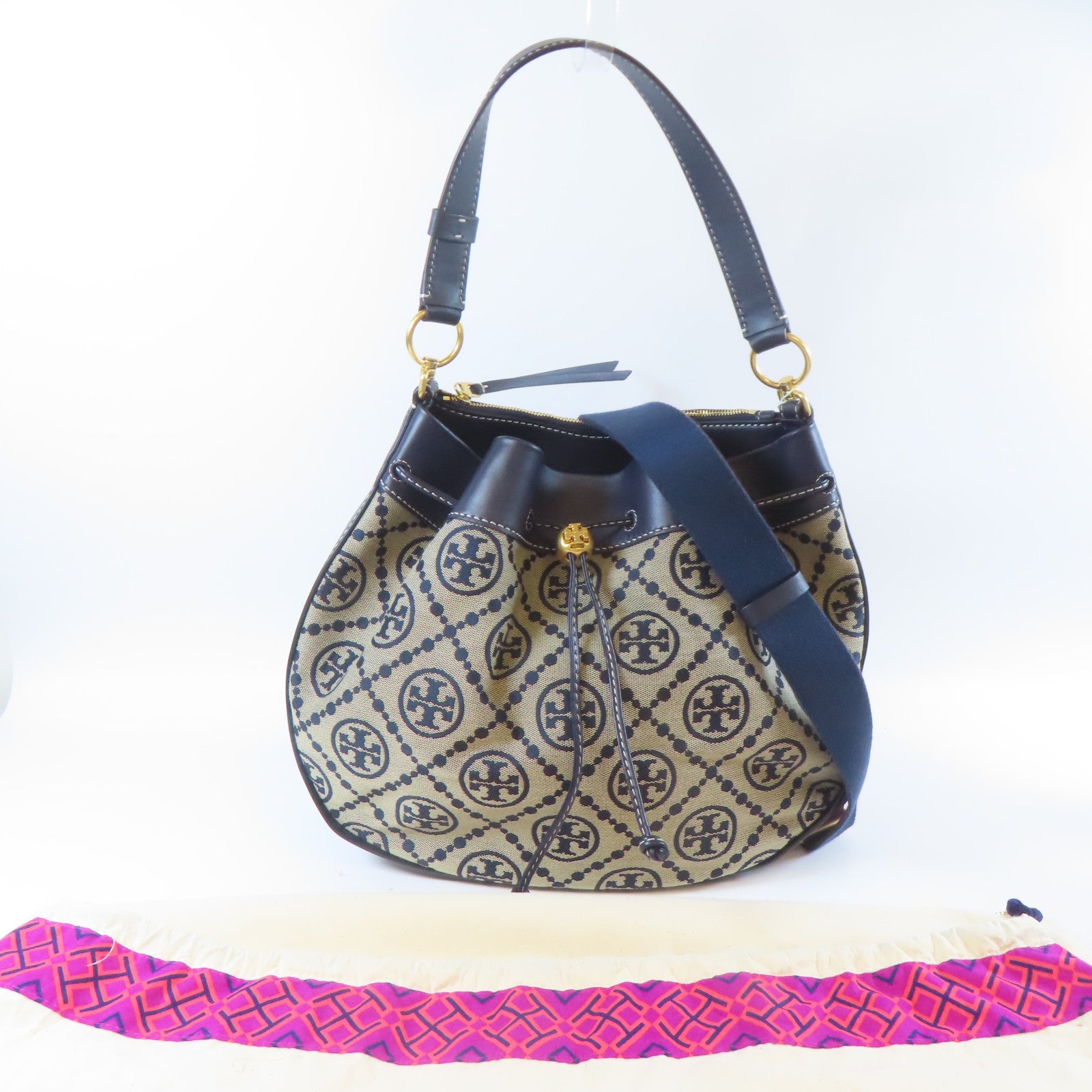 Tory Burch 帆布Shoulder Bag金扣手挽肩背兩用袋深藍色