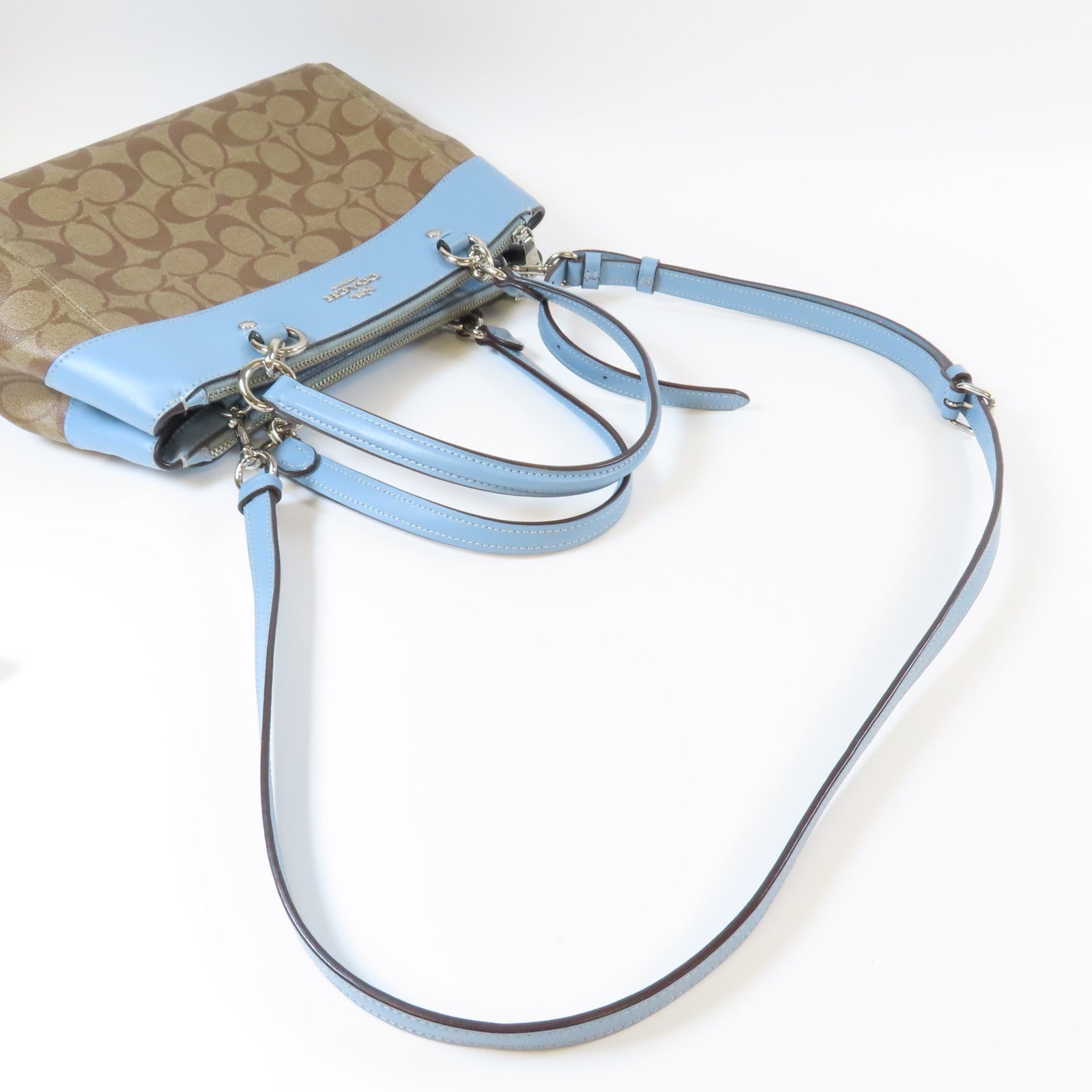 COACH 塗層帆布2 Way Shoulder銀扣手挽肩背兩用袋啡色/淺藍色