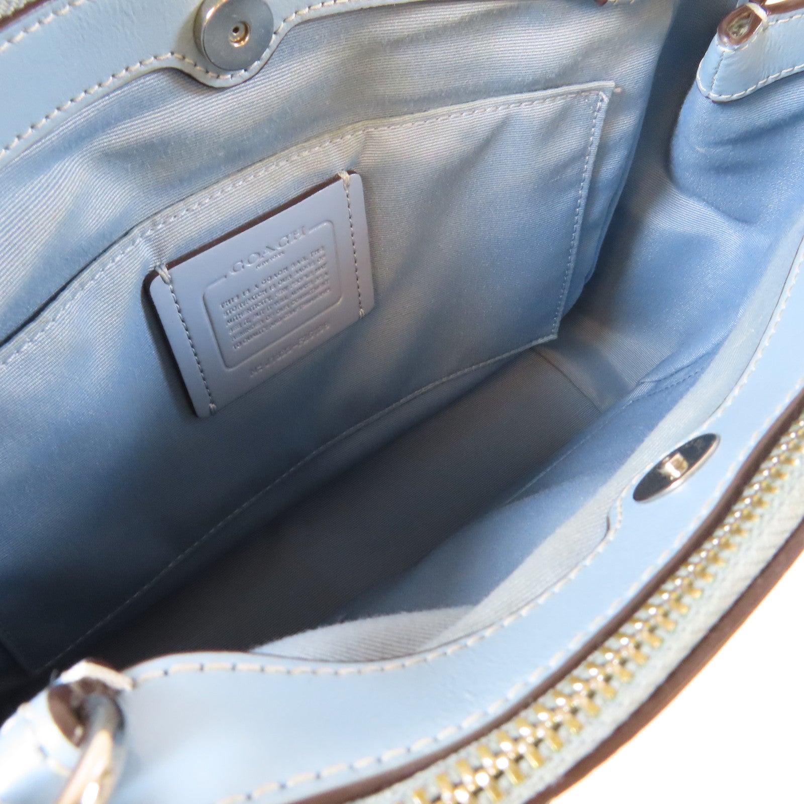 COACH 塗層帆布2 Way Shoulder銀扣手挽肩背兩用袋啡色/淺藍色