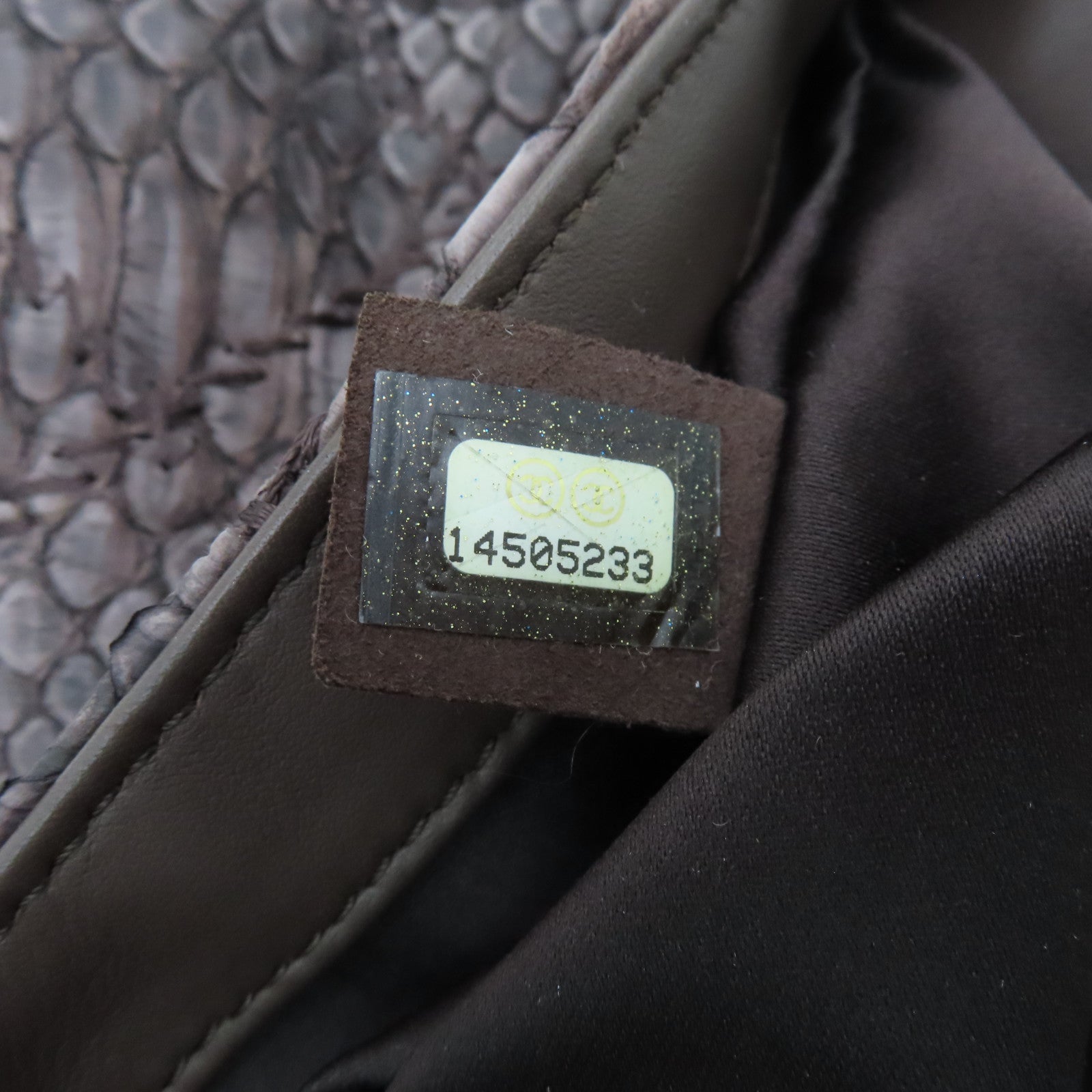 CHANEL 蛇皮皮革Chain Shoulder银扣手挽肩背两用袋啡色