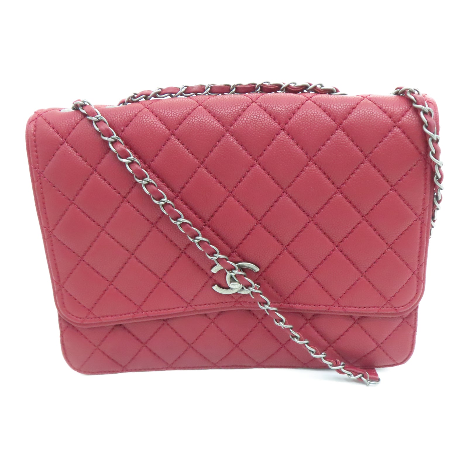 CHANEL rhombic cowhide leather Chain Shoulder silver buckle chain shoulder bag red