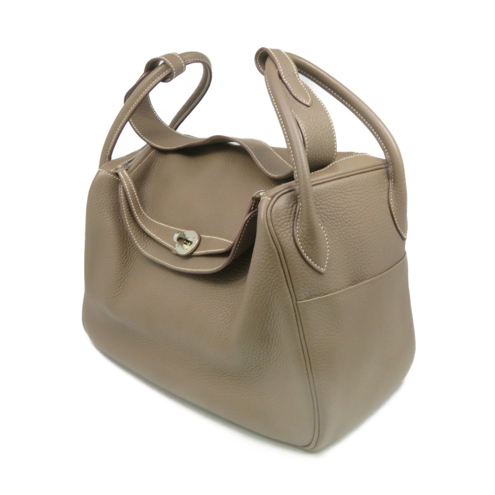 HERMES Clemence Leather Lindy 34 Shoulder Bag Silver Buckle Shoulder Bag Etoupe Brown