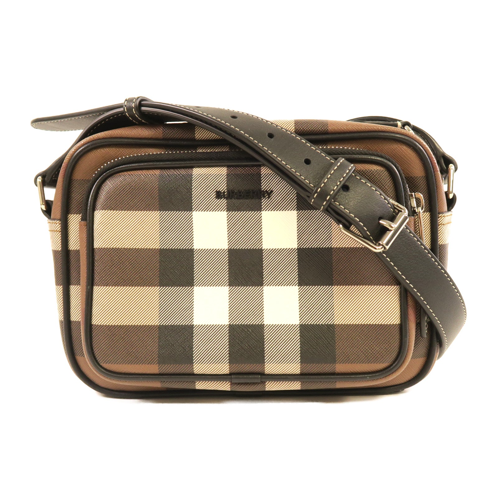 BURBERRY 塗層帆布Shoulder Bag銀扣肩背袋啡色/黑色