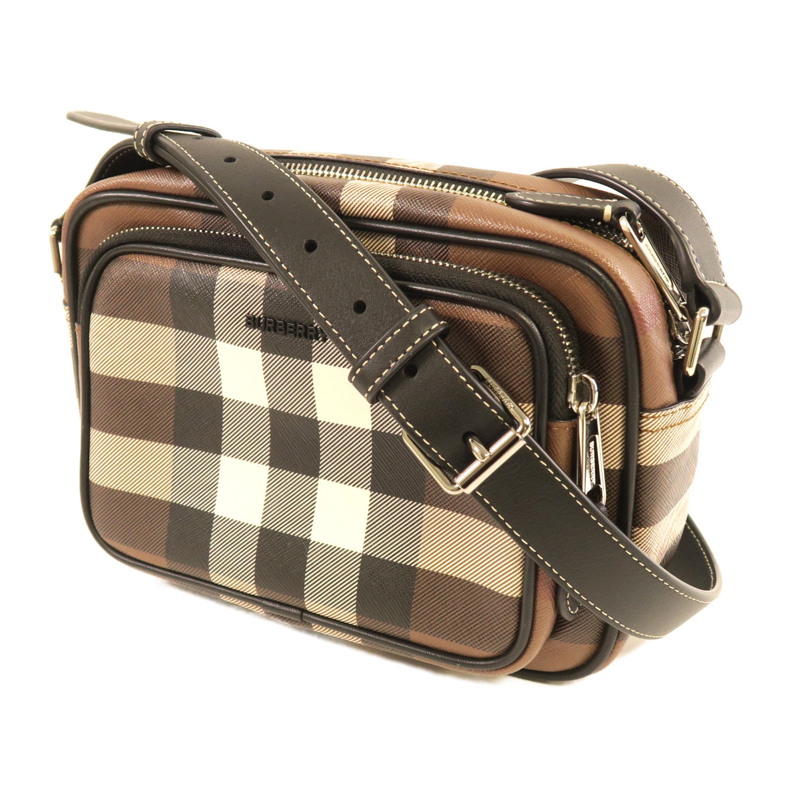 BURBERRY 塗層帆布Shoulder Bag銀扣肩背袋啡色/黑色