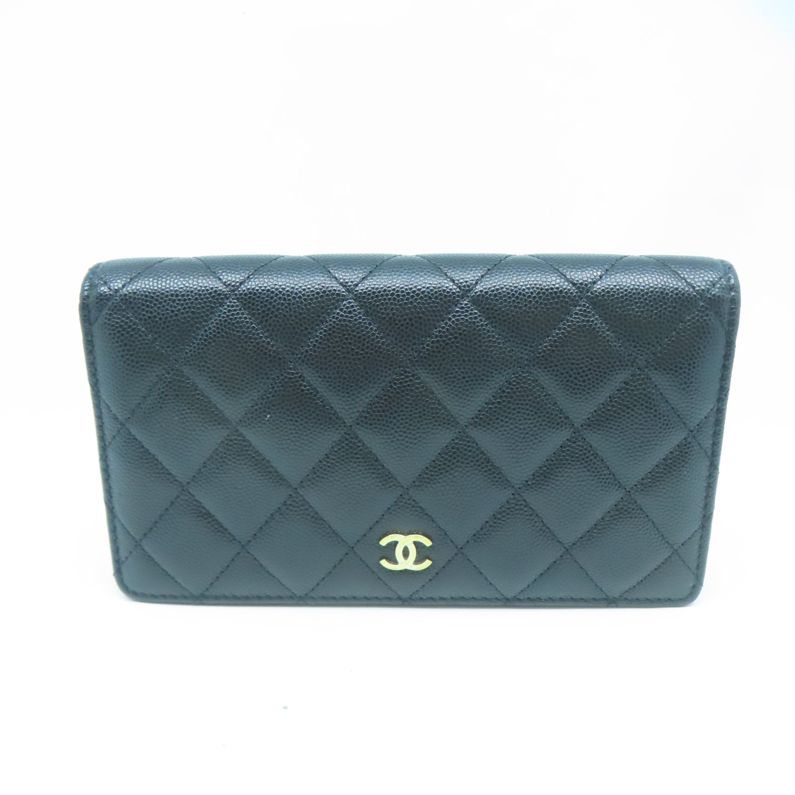 CHANEL 菱格牛皮皮革Long Wallet金扣長錢包黑色