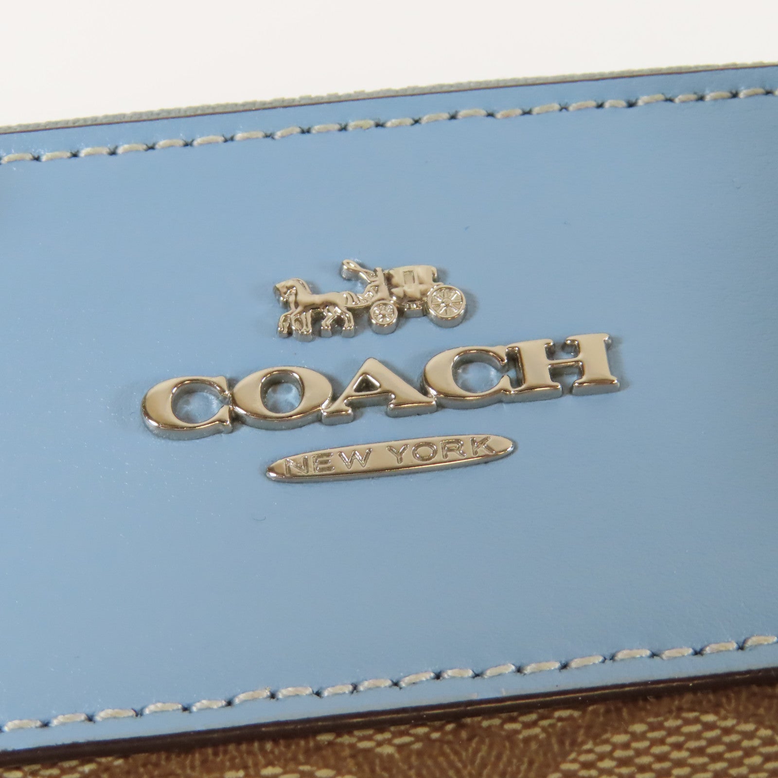 COACH 塗層帆布2 Way Shoulder銀扣手挽肩背兩用袋啡色/淺藍色