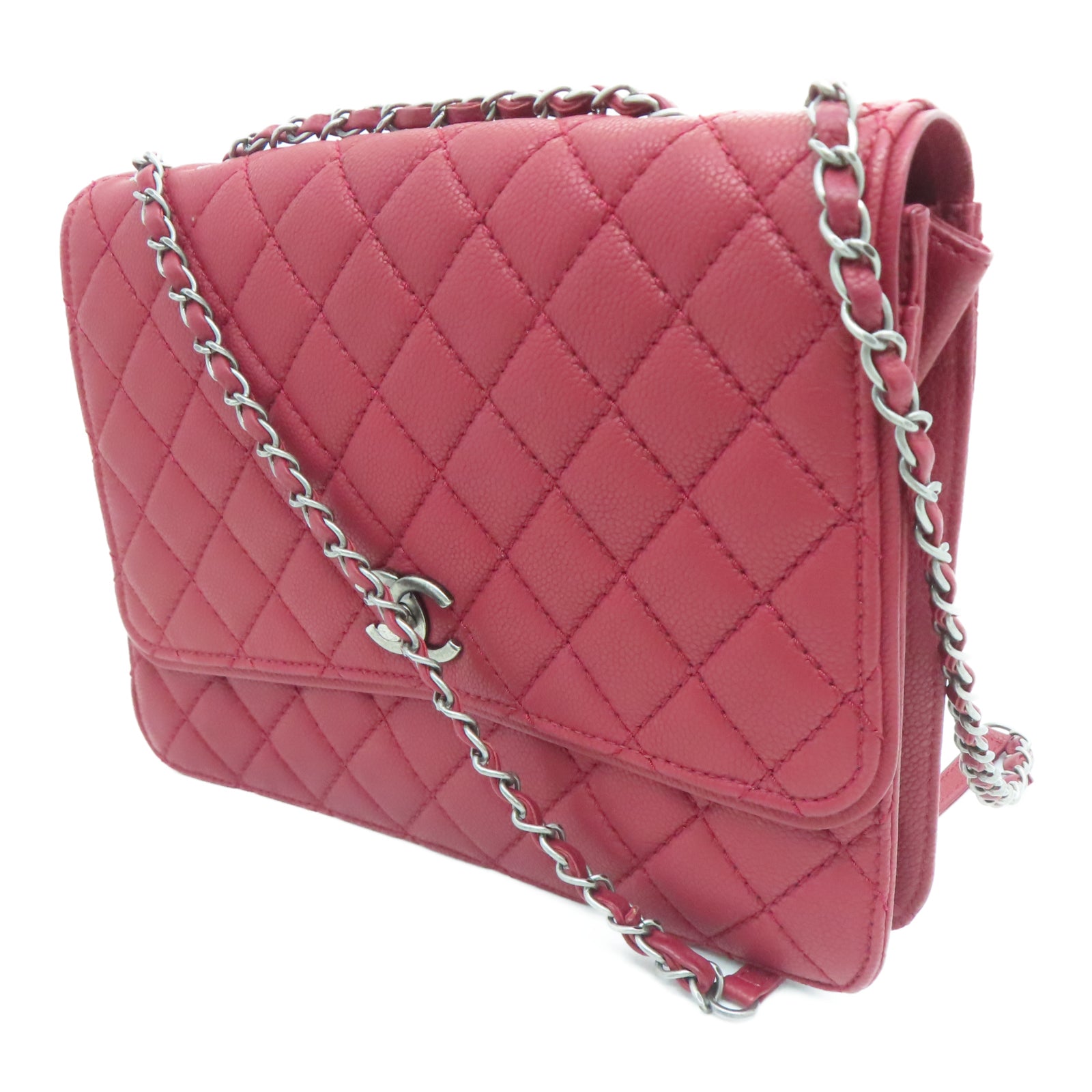 CHANEL rhombic cowhide leather Chain Shoulder silver buckle chain shoulder bag red