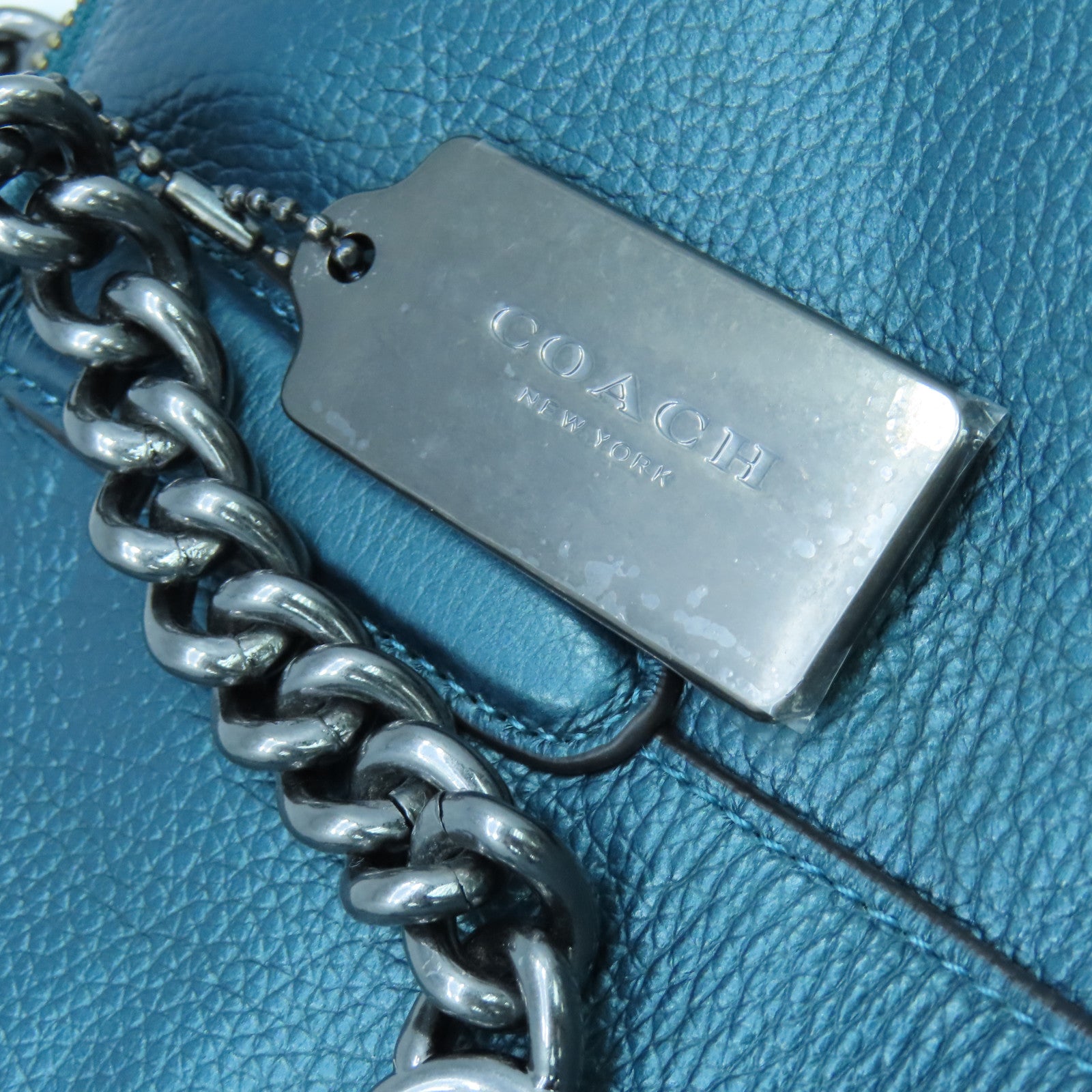 COACH 牛皮皮革Chain Shoulder Bag银扣链带肩背袋蓝色