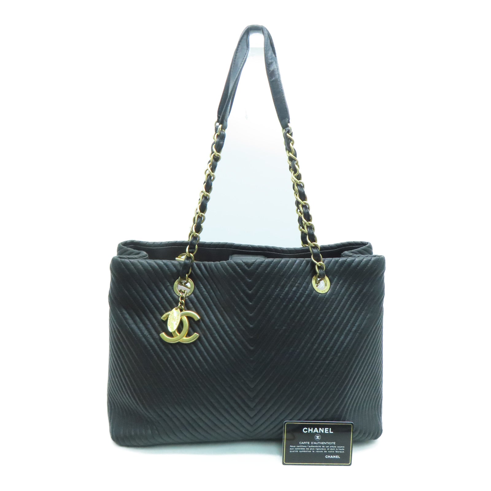CHANEL twill cowhide leather Tote Bag gold buckle handle bag black