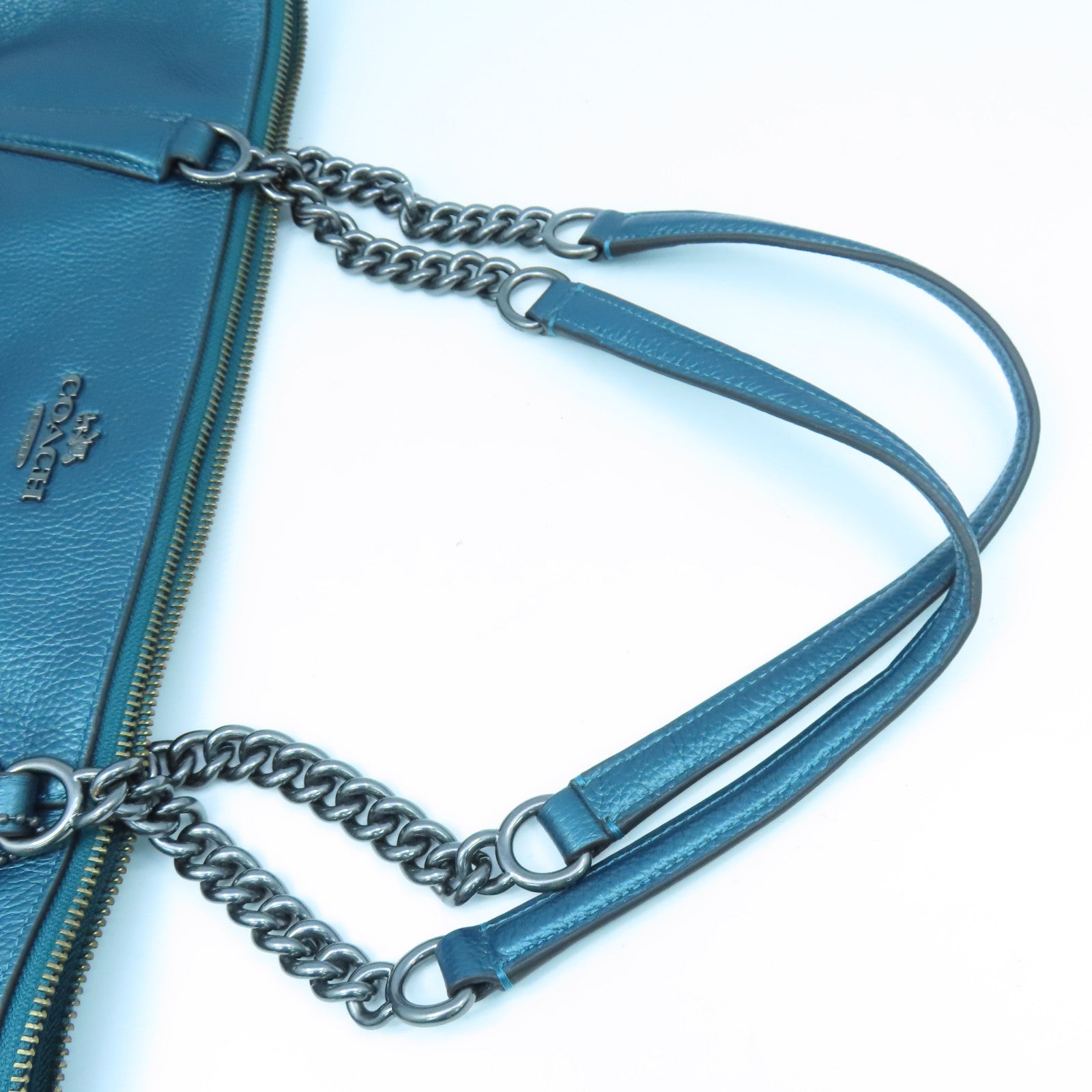 COACH 牛皮皮革Chain Shoulder Bag银扣链带肩背袋蓝色