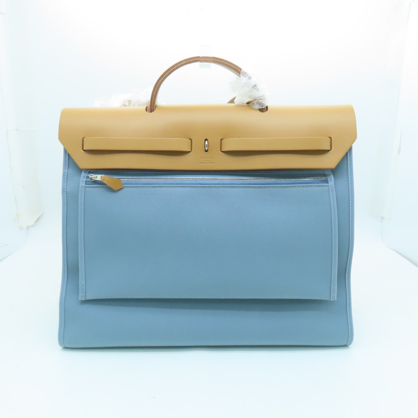 HERMES 帆布Herbag GM銀扣手挽肩背兩用袋天空藍