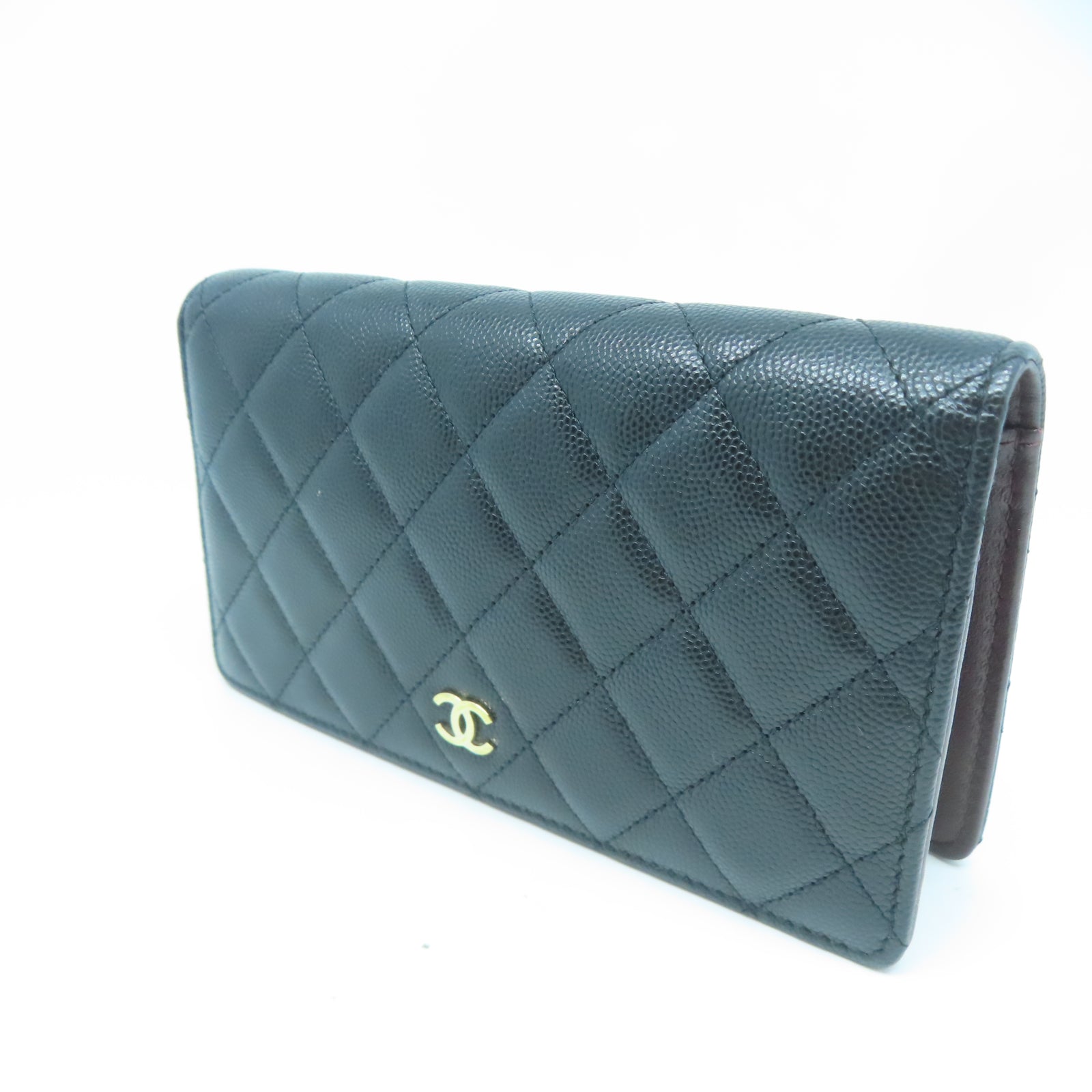 CHANEL 菱格牛皮皮革Long Wallet金扣長錢包黑色