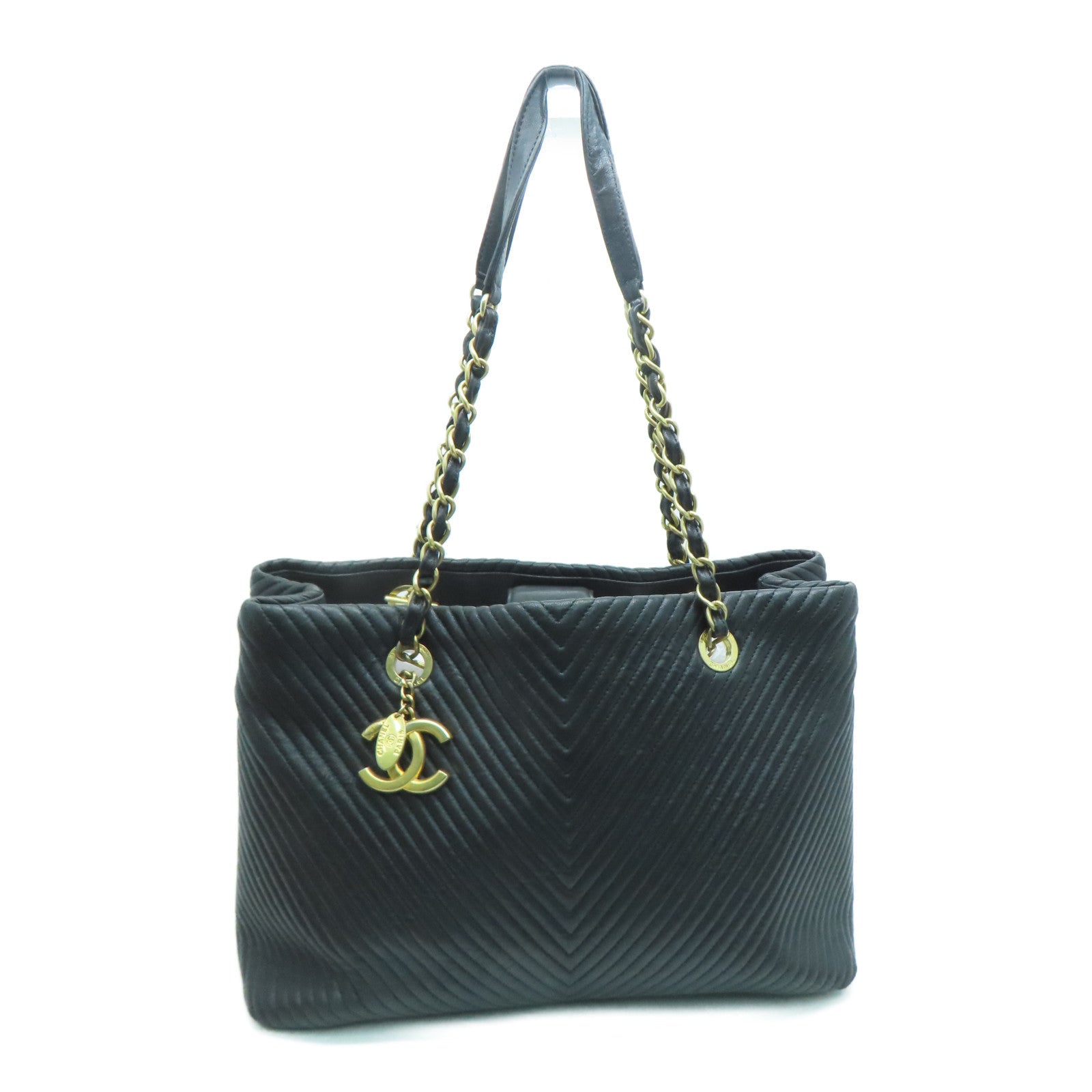 CHANEL twill cowhide leather Tote Bag gold buckle handle bag black