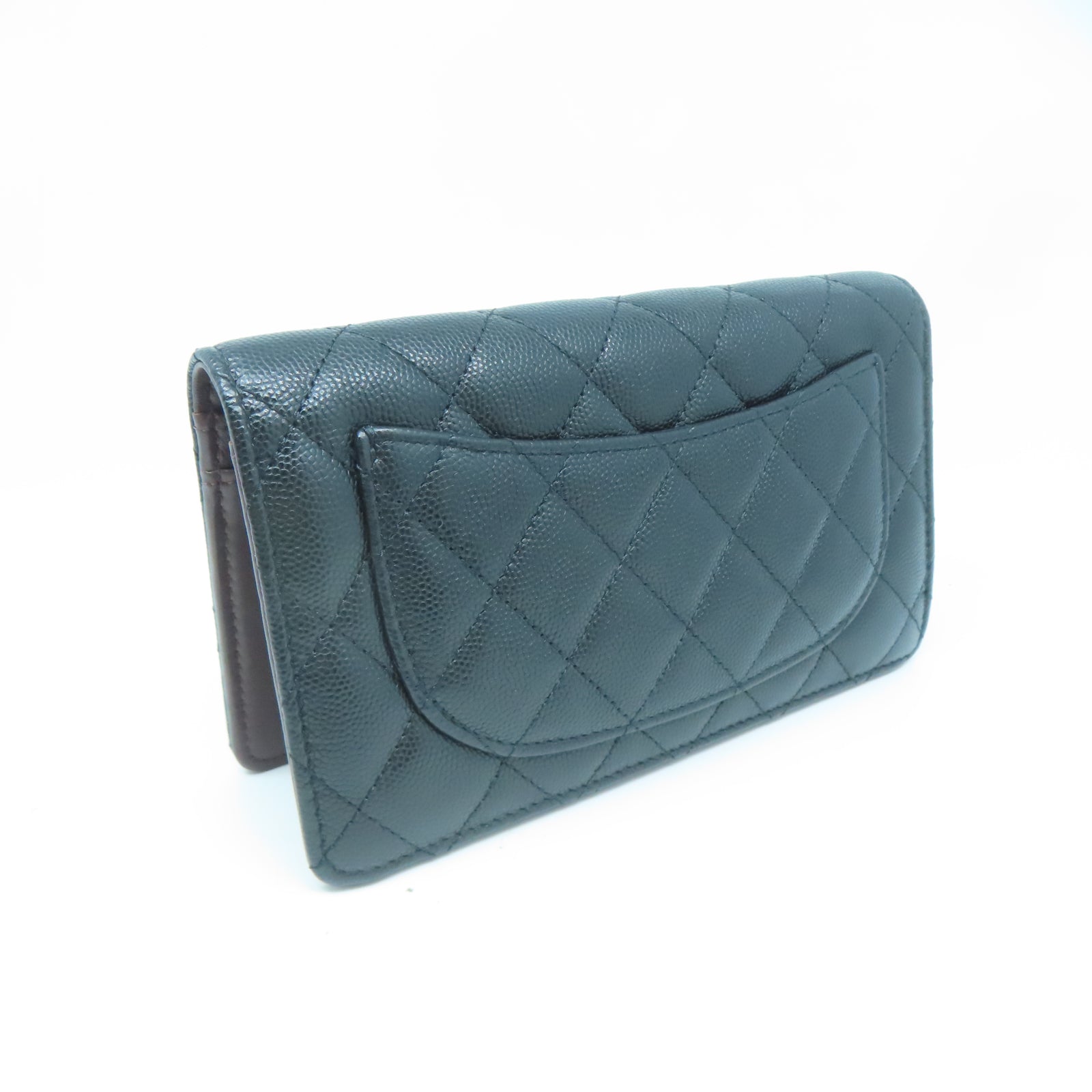 CHANEL 菱格牛皮皮革Long Wallet金扣長錢包黑色