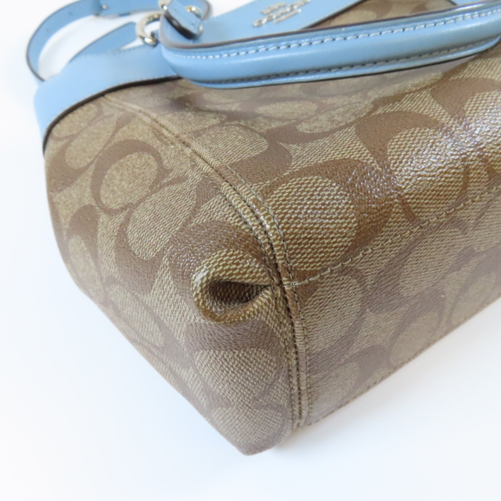 COACH 塗層帆布2 Way Shoulder銀扣手挽肩背兩用袋啡色/淺藍色