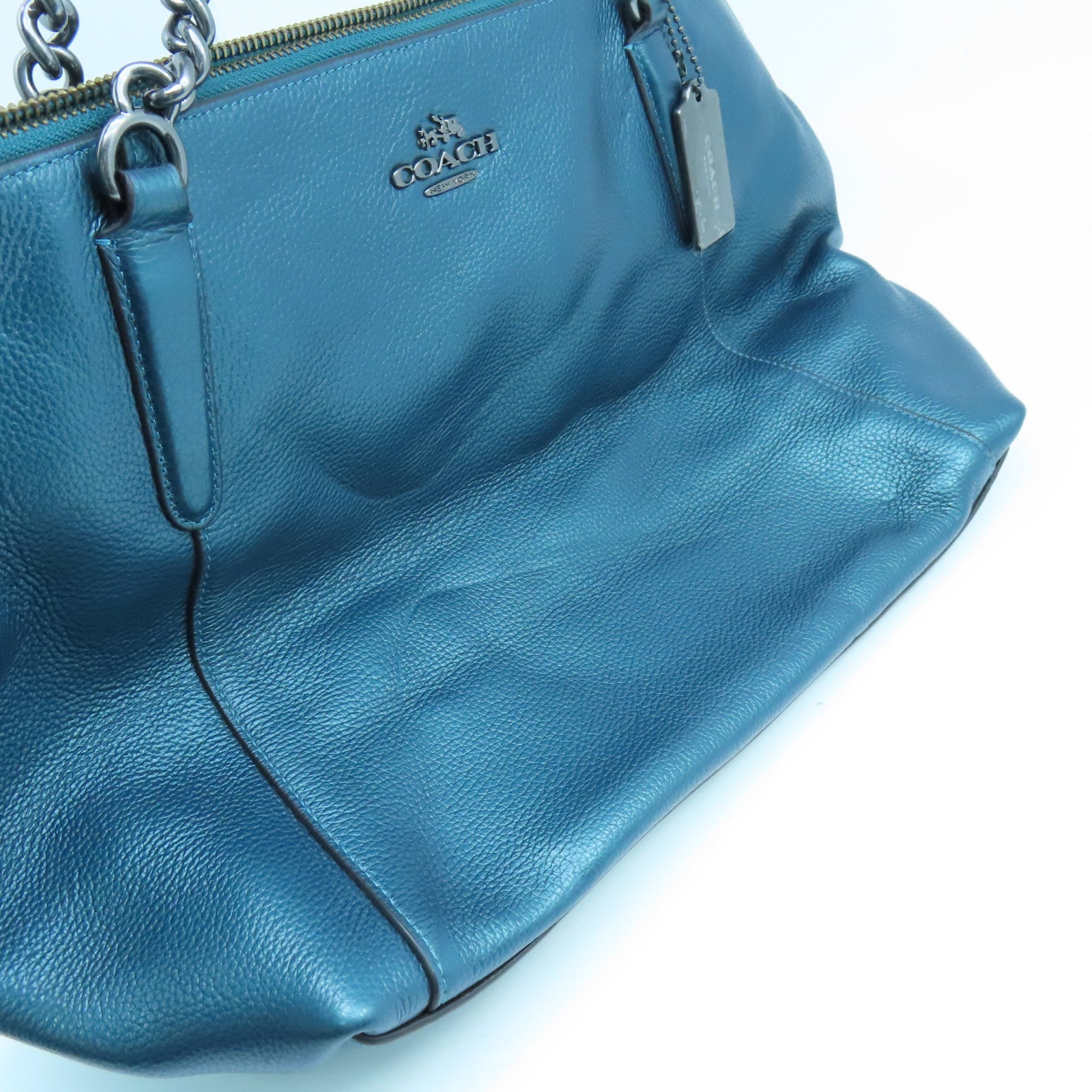 COACH 牛皮皮革Chain Shoulder Bag银扣链带肩背袋蓝色
