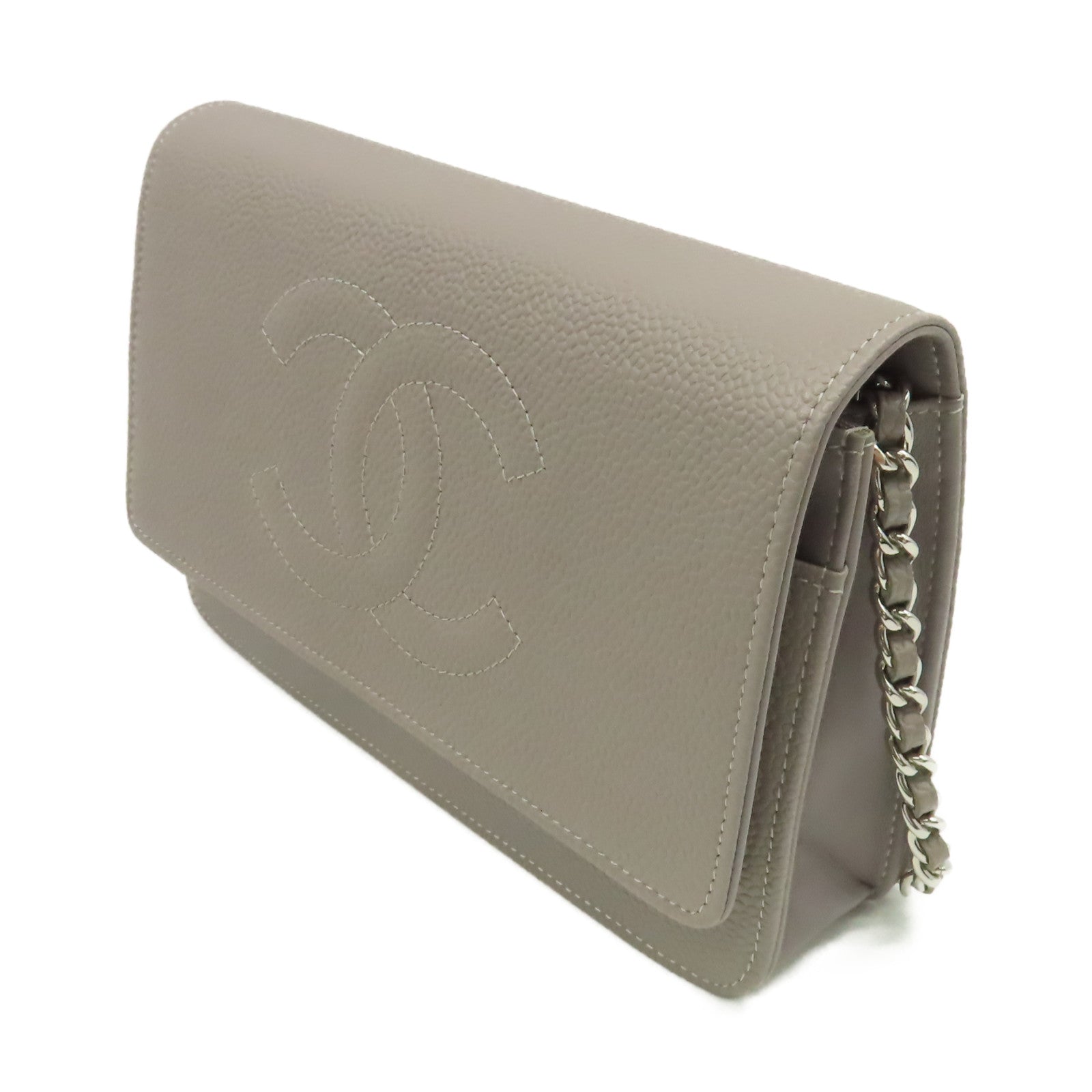 CHANEL Caviar皮革WOC Wallet On Chain Shoulder Bag銀扣鏈帶錢包肩背袋灰色
