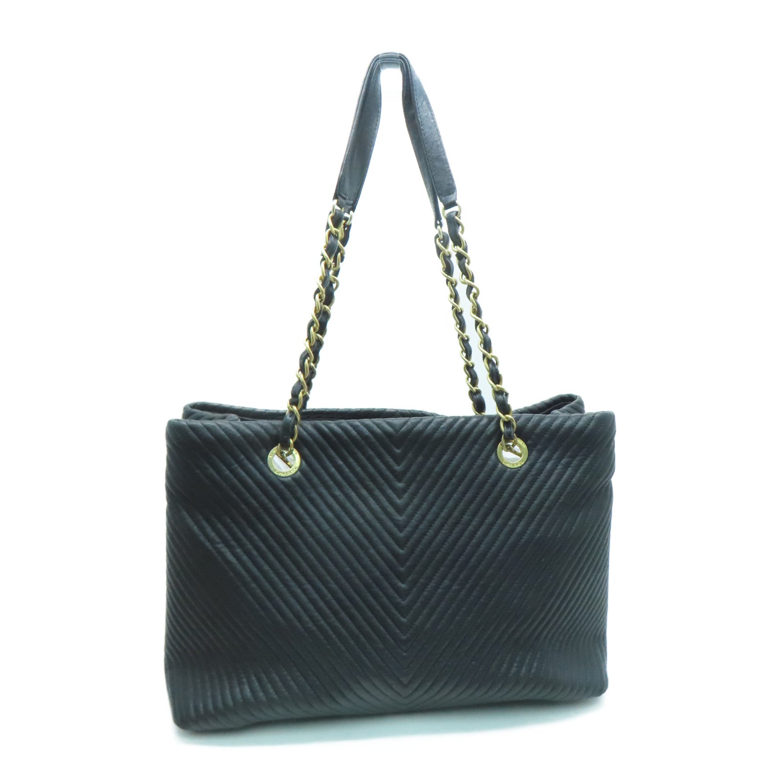CHANEL twill cowhide leather Tote Bag gold buckle handle bag black