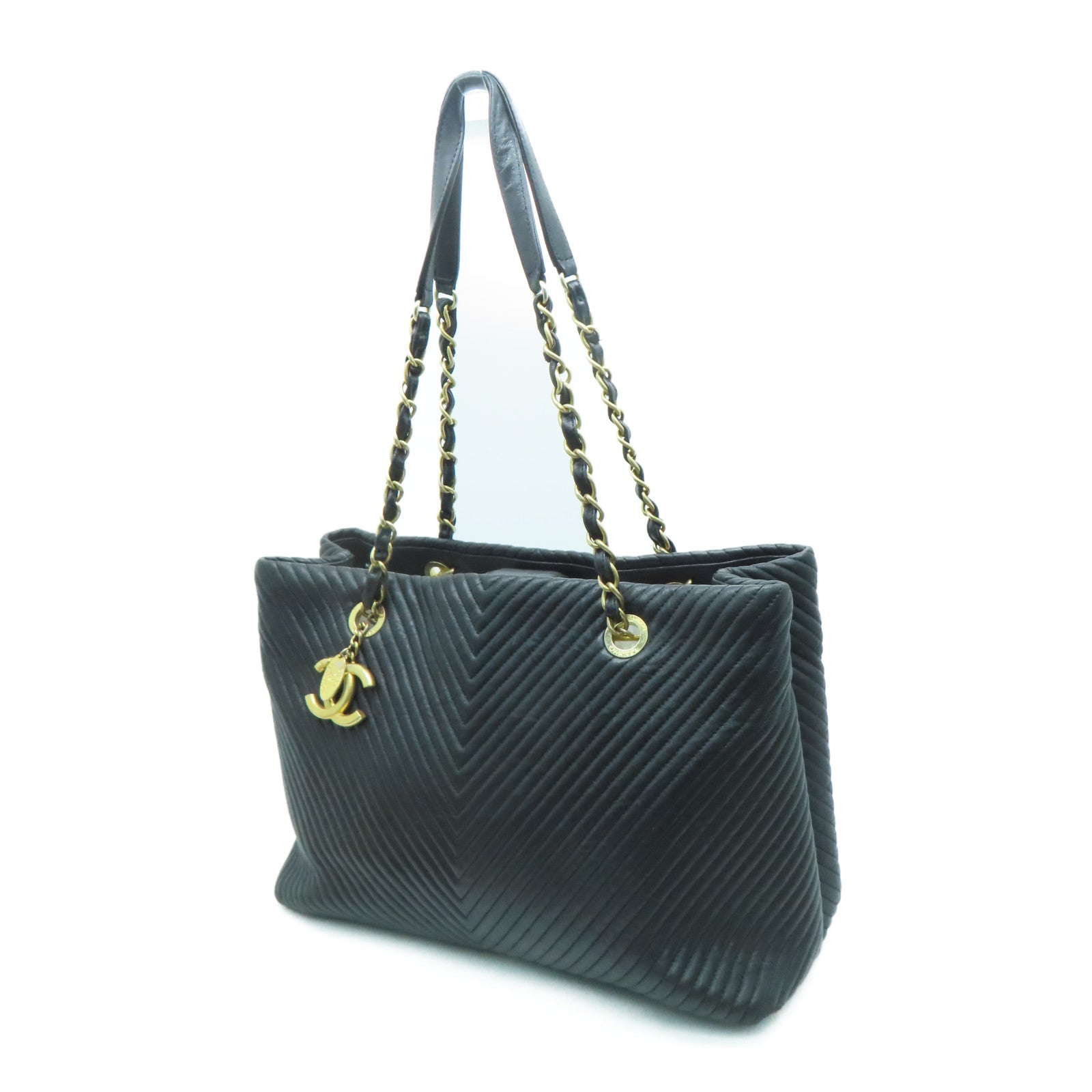 CHANEL twill cowhide leather Tote Bag gold buckle handle bag black