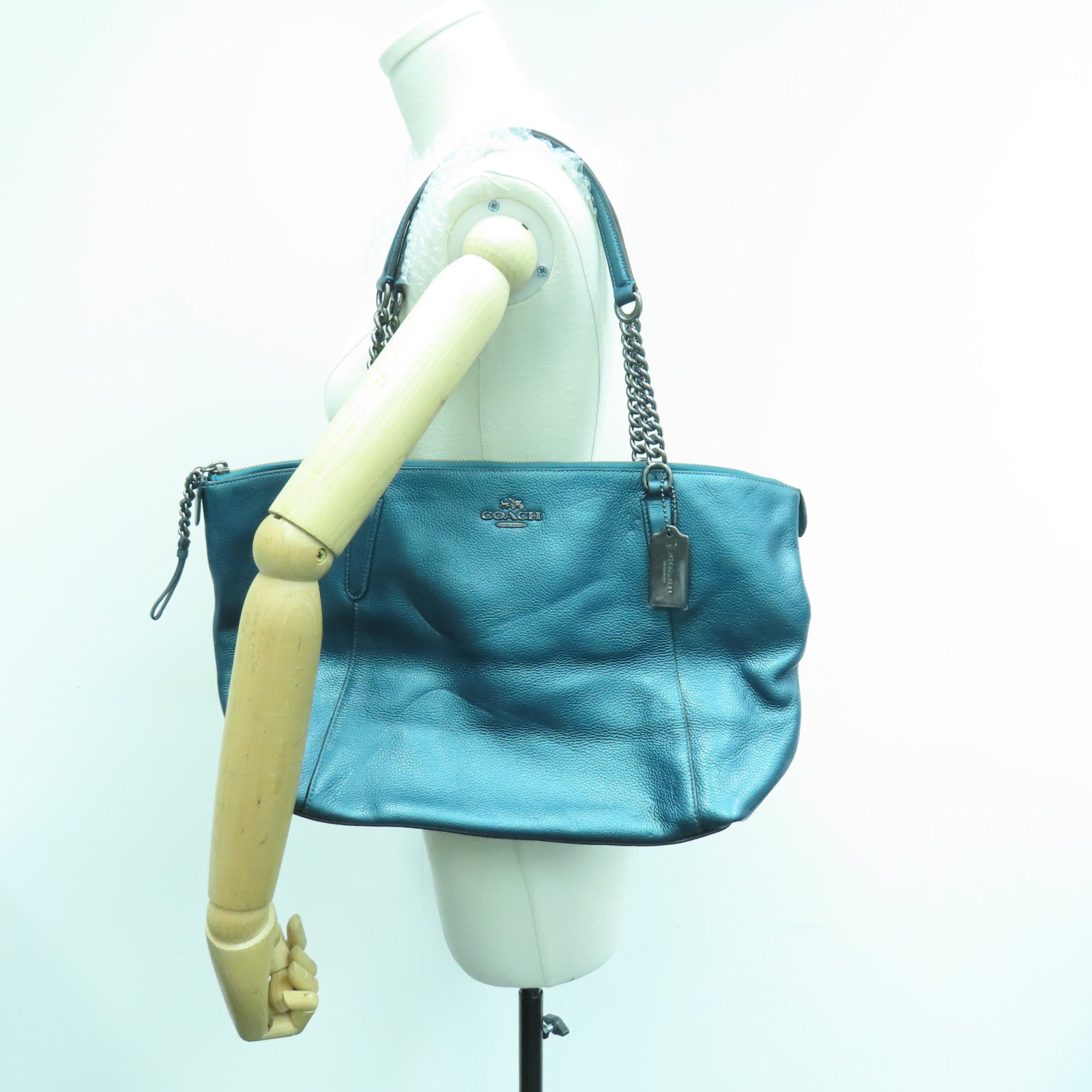 COACH 牛皮皮革Chain Shoulder Bag银扣链带肩背袋蓝色