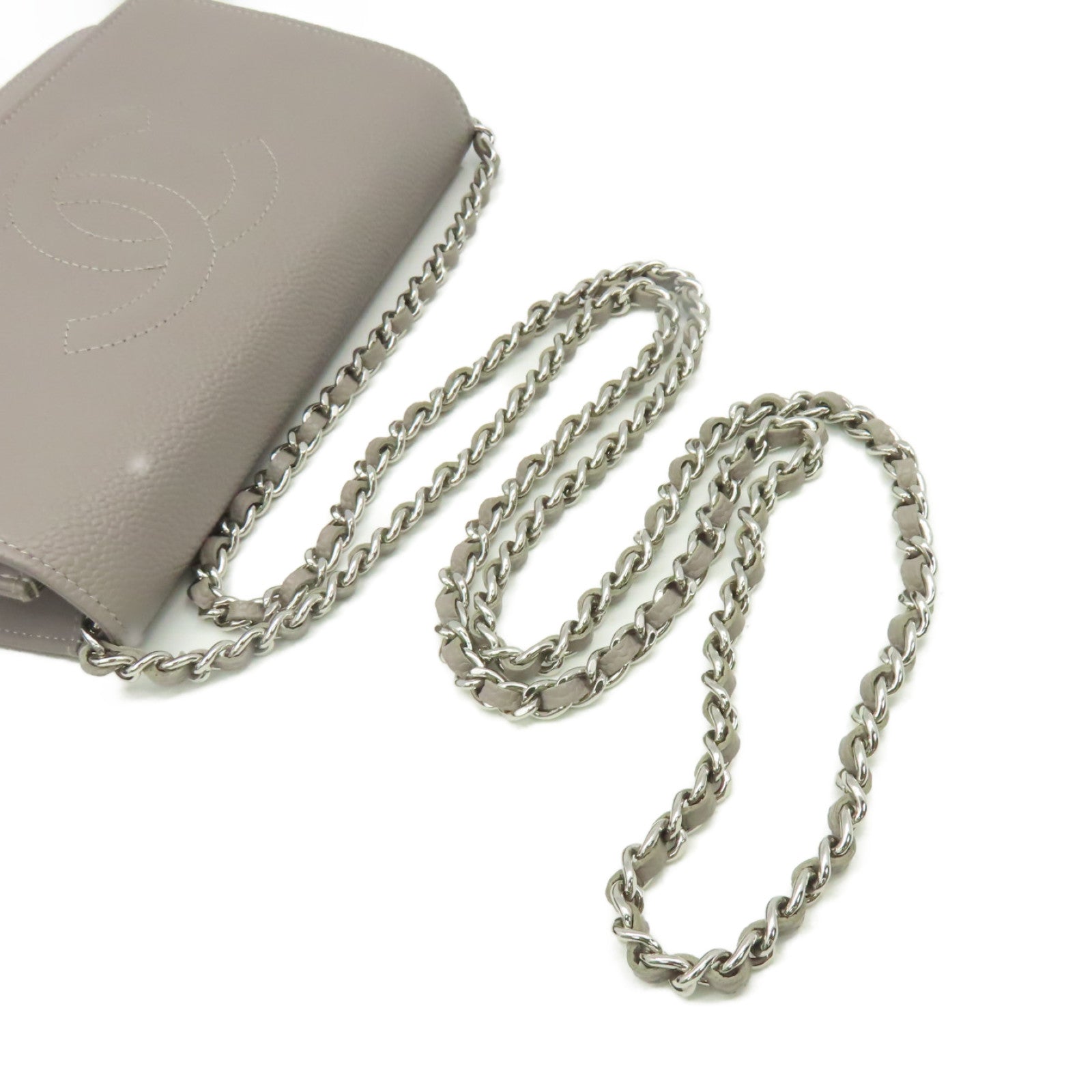 CHANEL Caviar皮革WOC Wallet On Chain Shoulder Bag銀扣鏈帶錢包肩背袋灰色