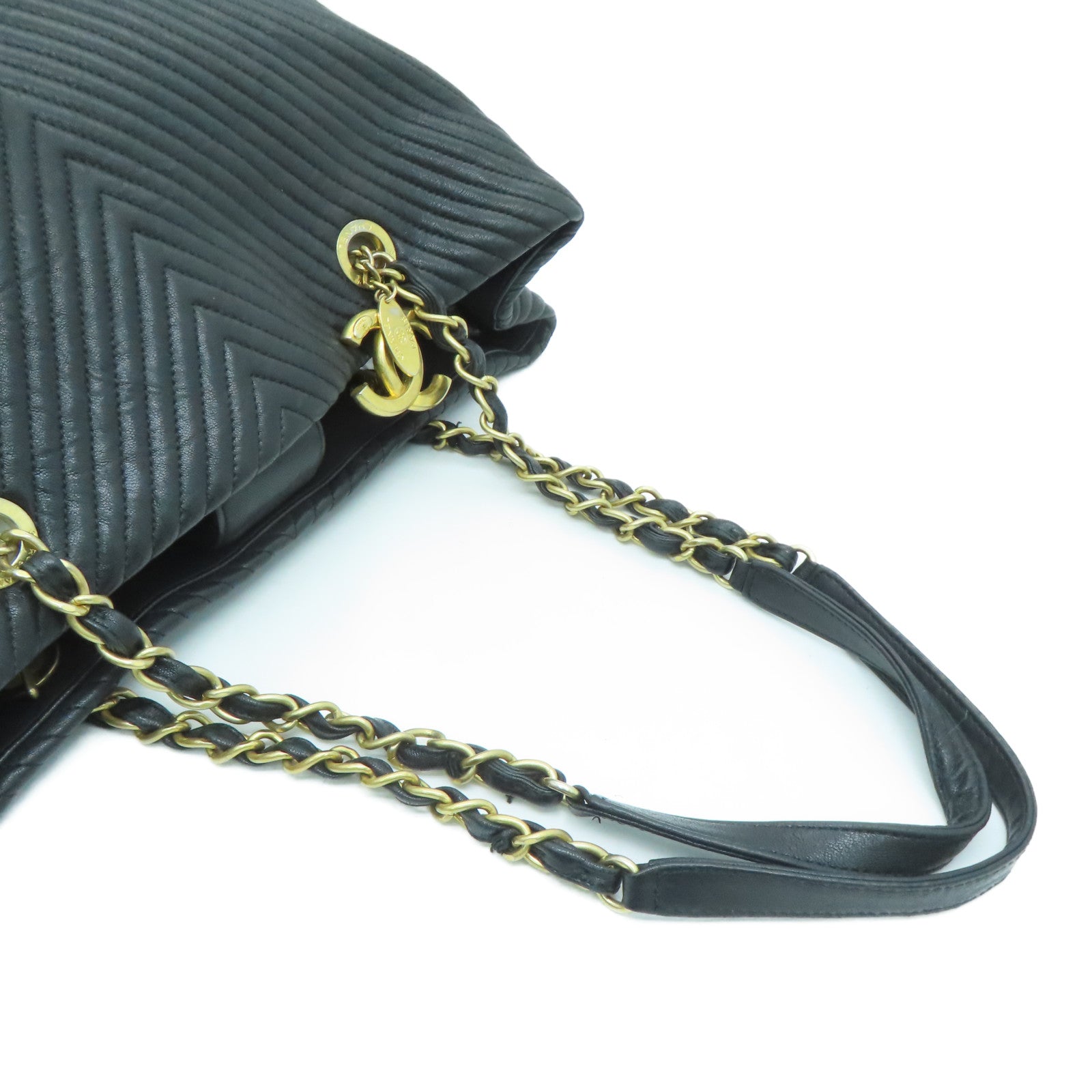 CHANEL twill cowhide leather Tote Bag gold buckle handle bag black