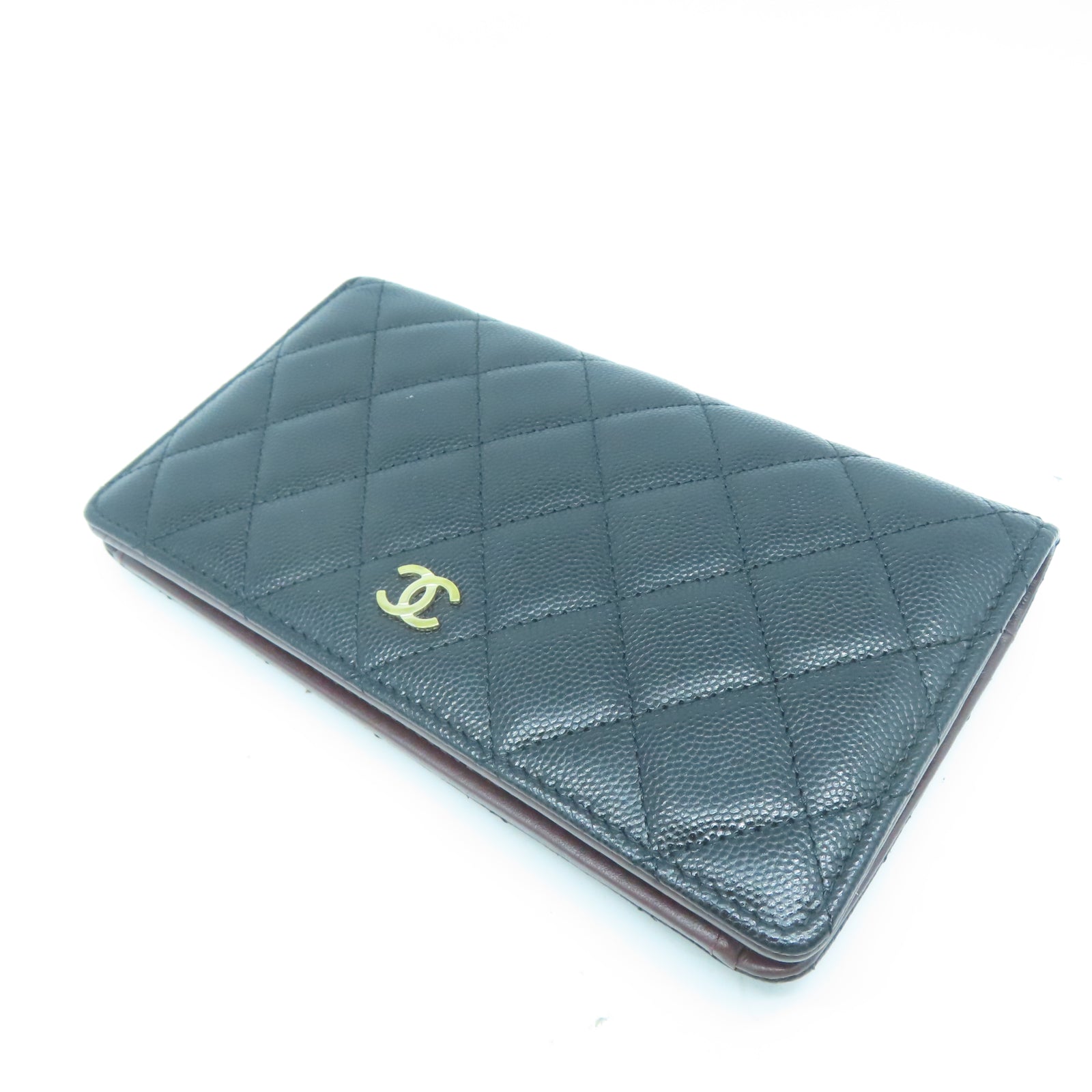 CHANEL 菱格牛皮皮革Long Wallet金扣長錢包黑色