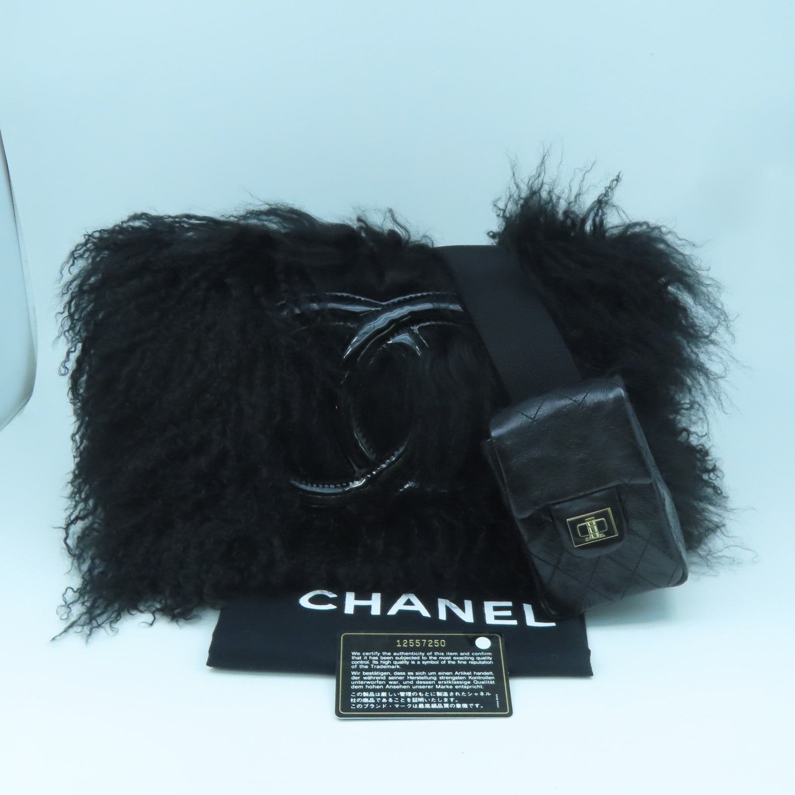 CHANEL furry Shoulder Bag gold buckle shoulder bag black
