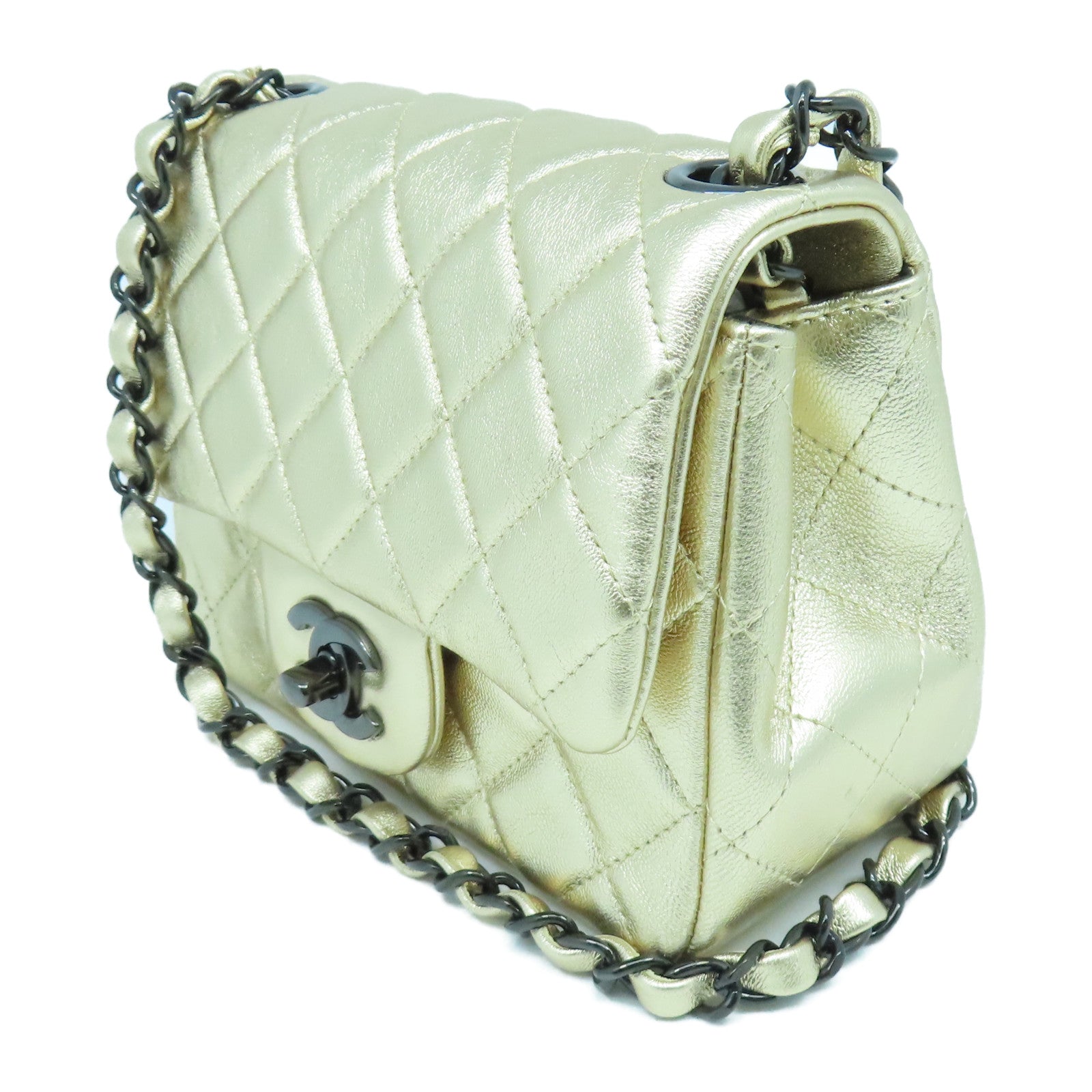 CHANEL 菱格羊皮皮革Chain Shoulder鏈帶肩背袋金色