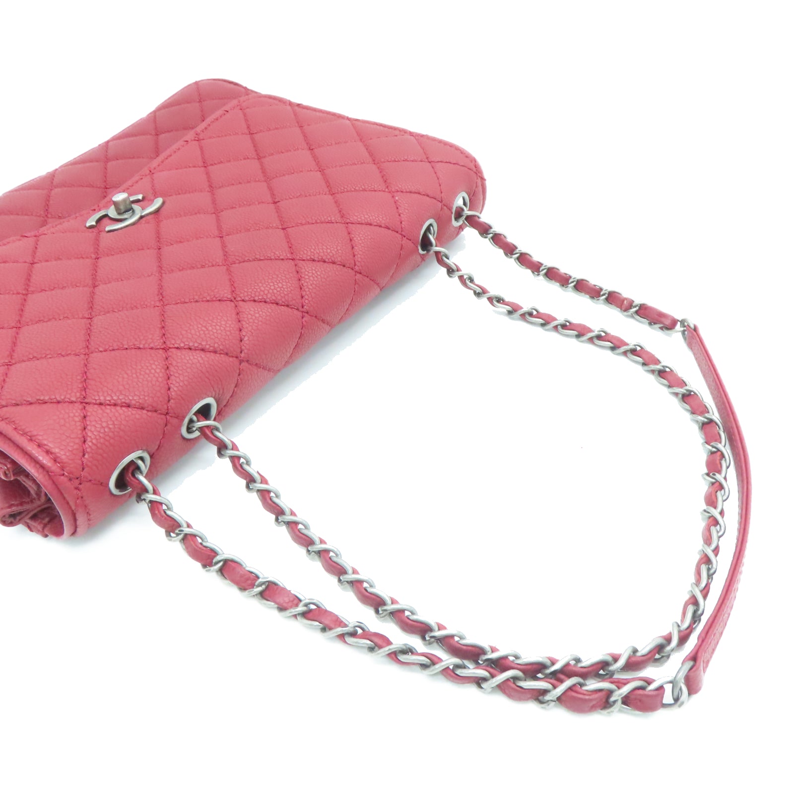 CHANEL rhombic cowhide leather Chain Shoulder silver buckle chain shoulder bag red