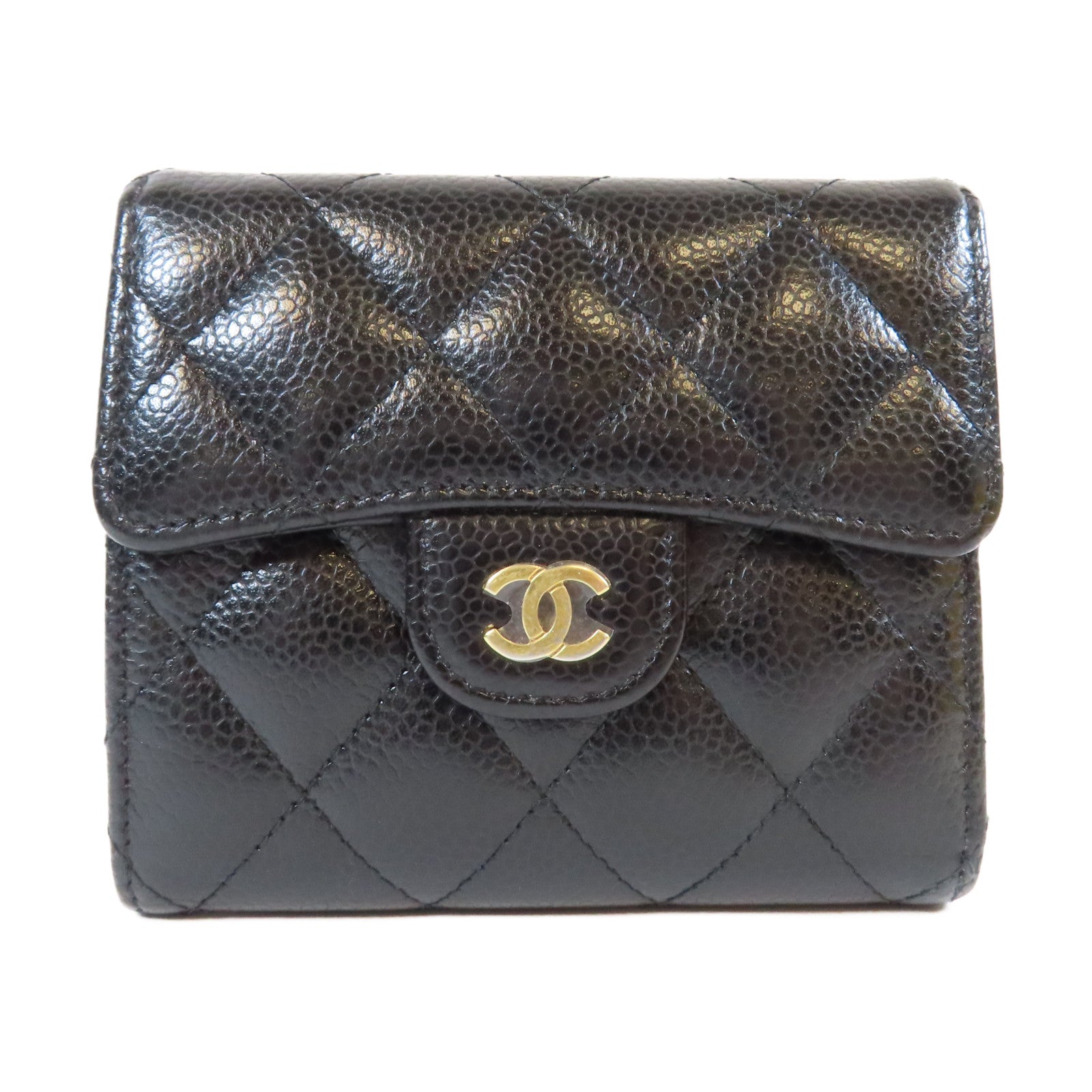CHANEL 菱格Caviar皮革Wallet金扣錢包黑色