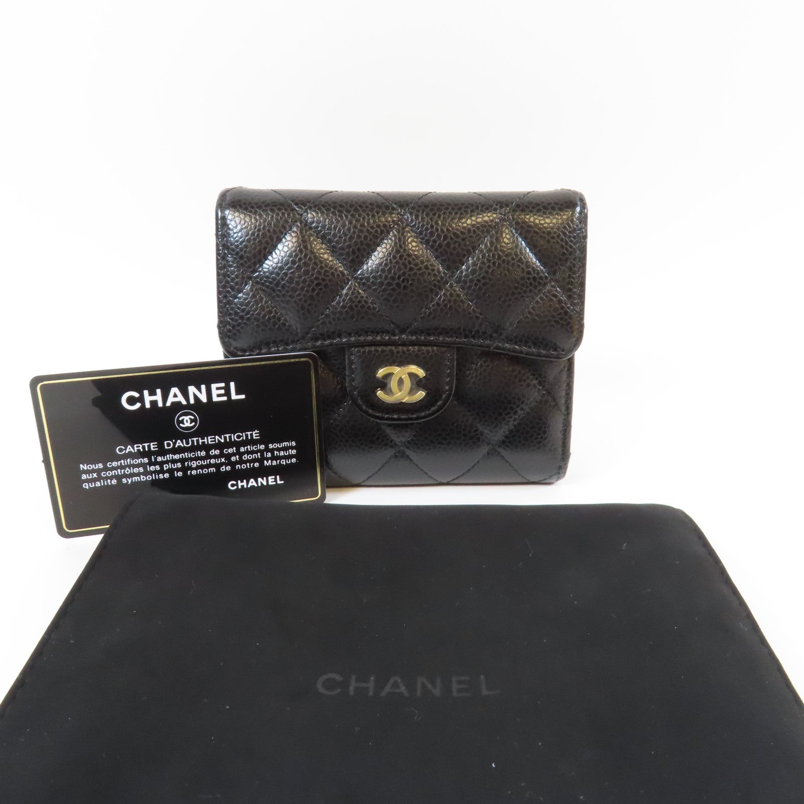 CHANEL 菱格Caviar皮革Wallet金扣錢包黑色