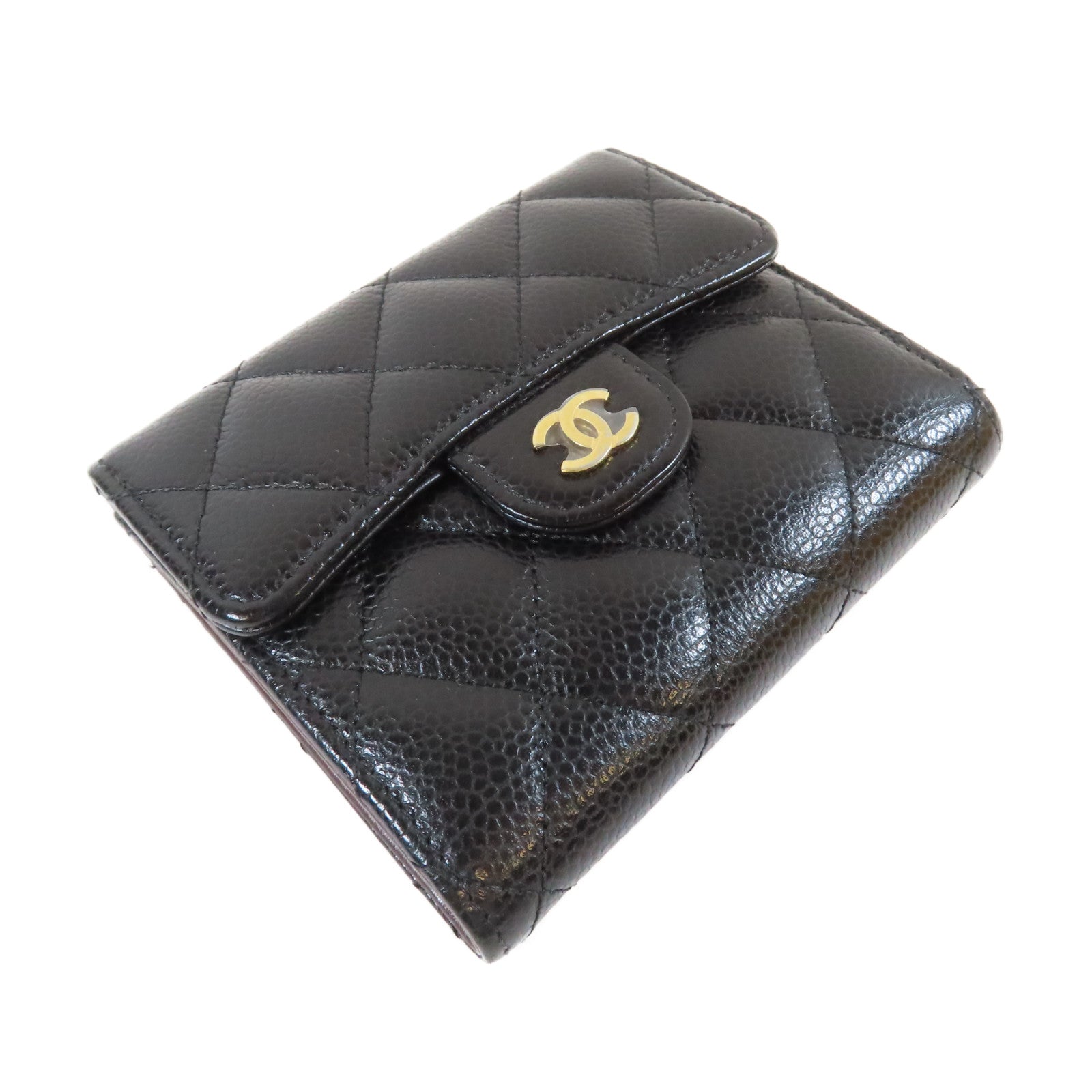 CHANEL 菱格Caviar皮革Wallet金扣錢包黑色