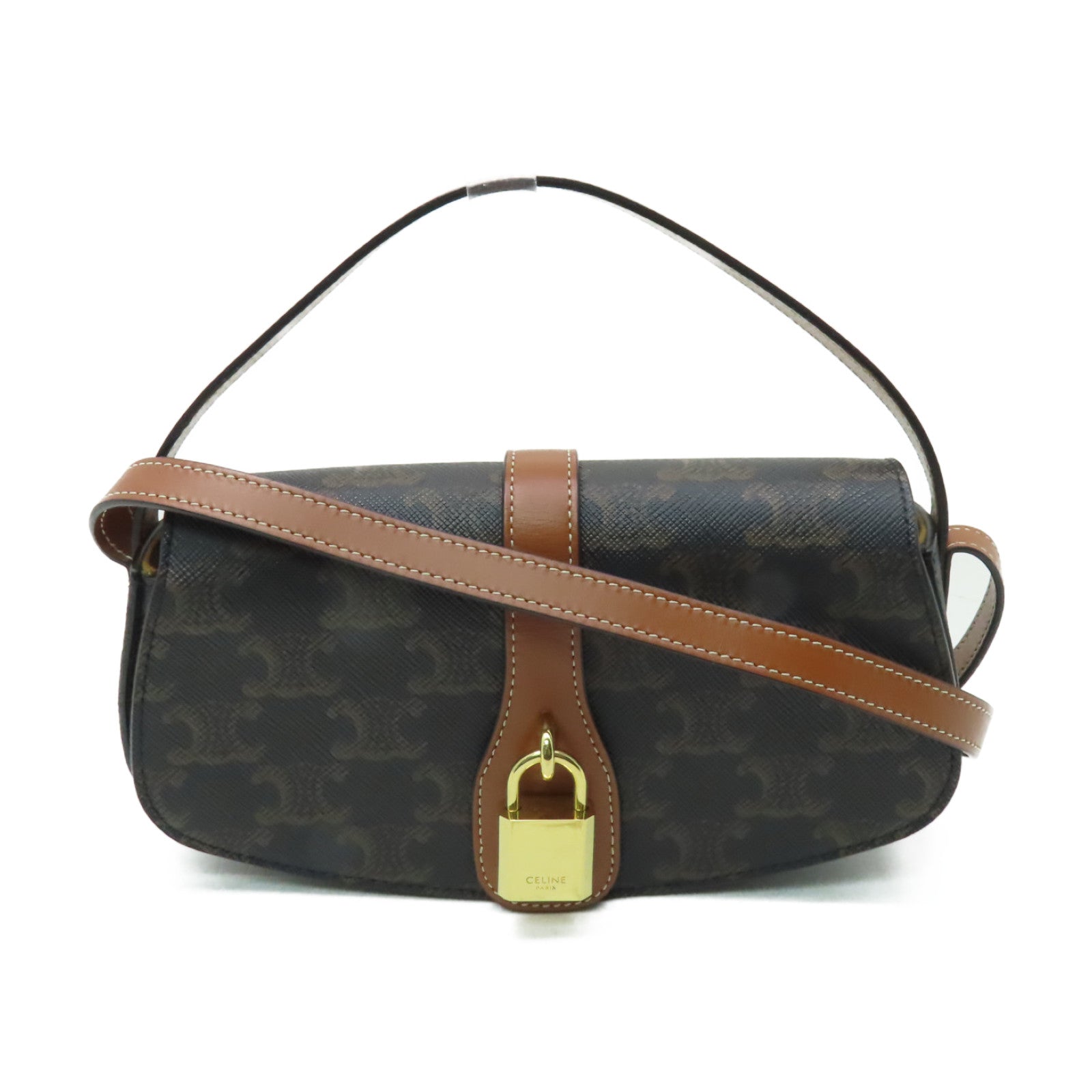 CELINE 塗層帆布Tabou Clutch On Strap金扣手挽肩背兩用袋棕色